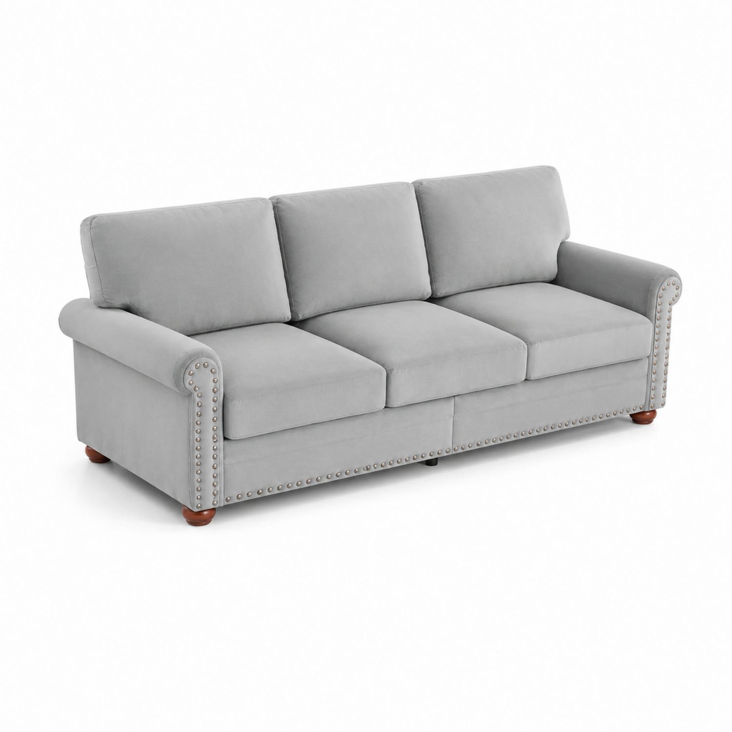 Canapé 3 places en tissu gris avec accoudoirs ronds