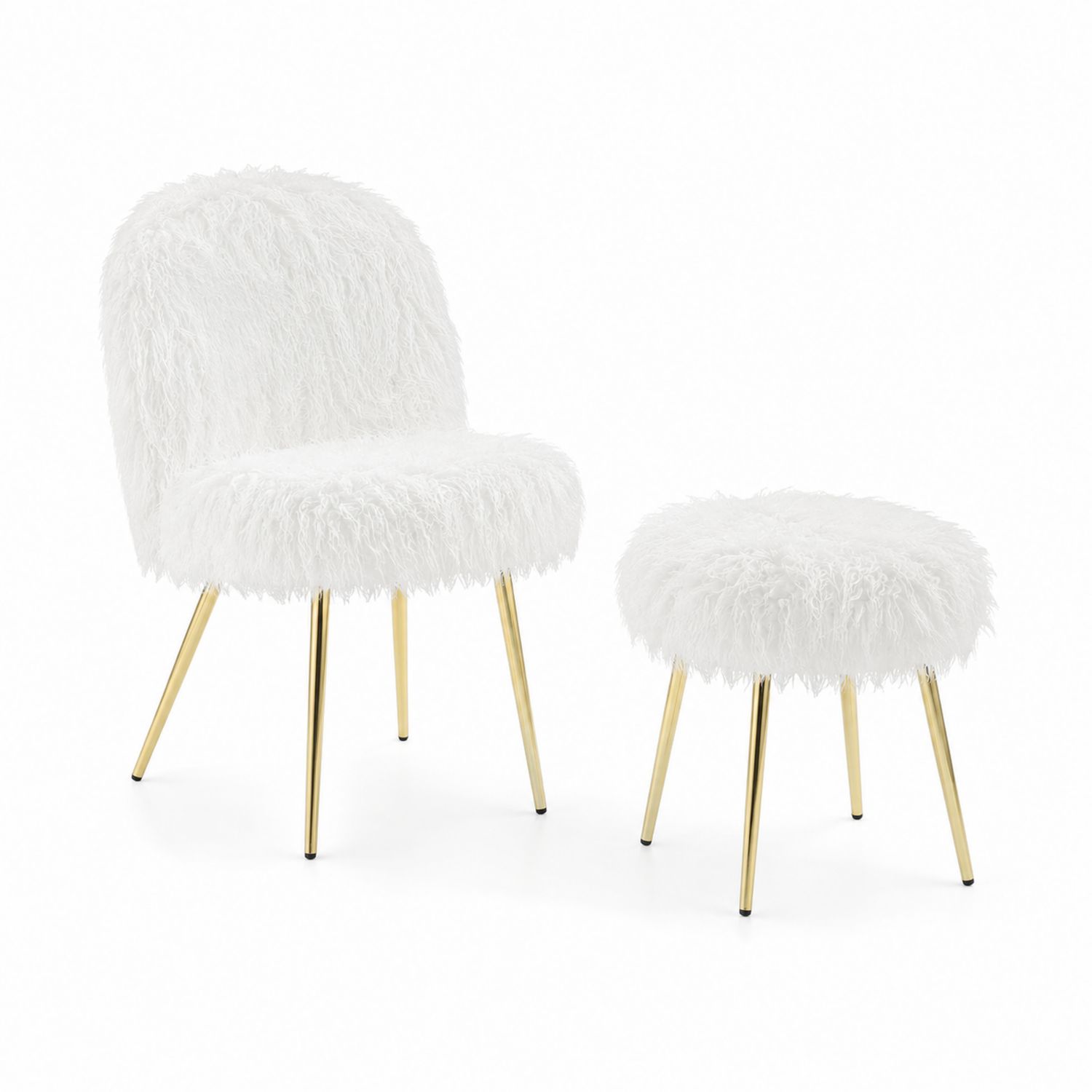 Chaise et Pouf en Fourrure Synthétique Blanche avec Pieds Métalliques Dorés