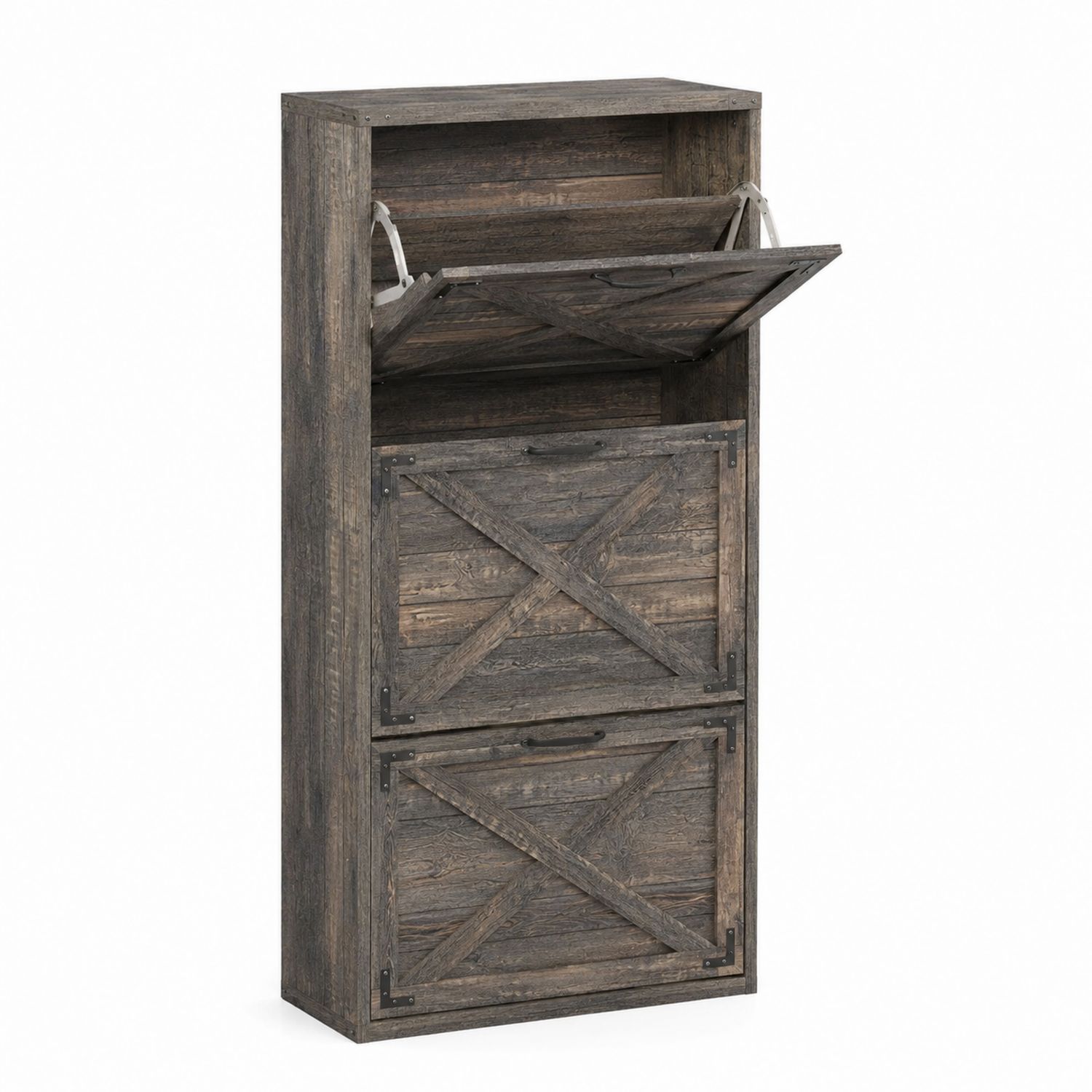 Meuble à chaussures en bois de pin avec portes pliantes marron