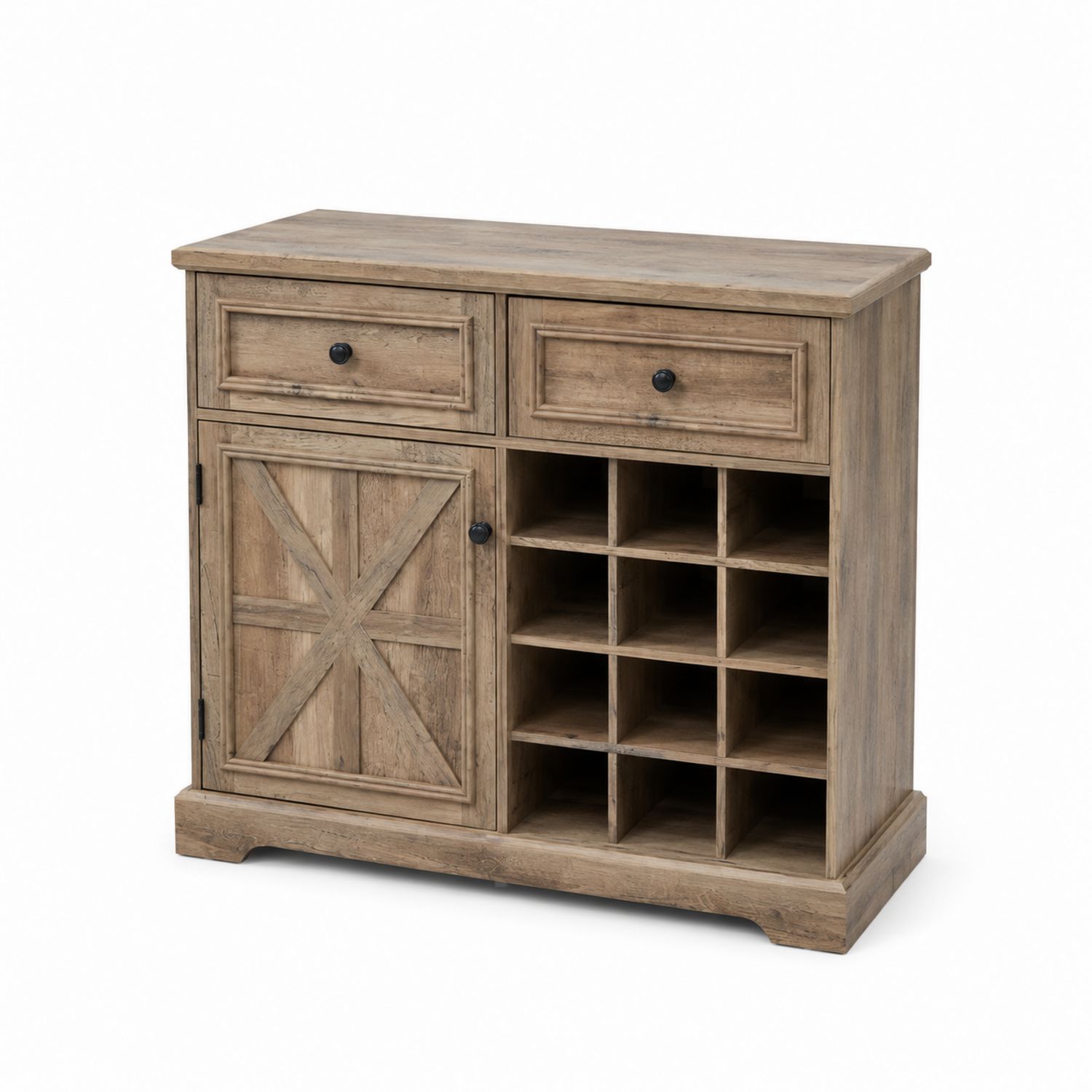 Buffet en Bois avec Porte, 12 Compartiments à Bouteilles et 2 Tiroirs