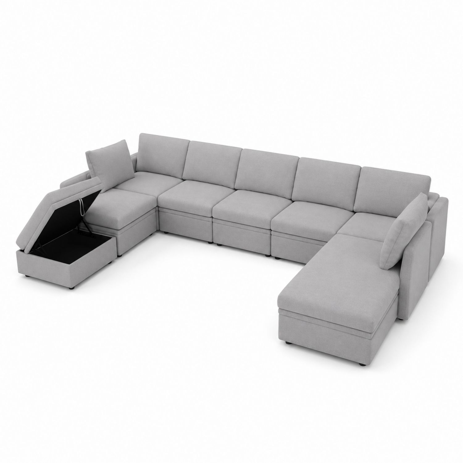 Canapé d'angle en U en tissu gris avec rangement