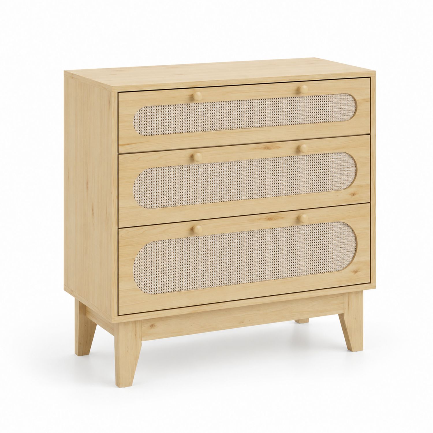 Commode en bois de pin avec façades en rotin 3 tiroirs