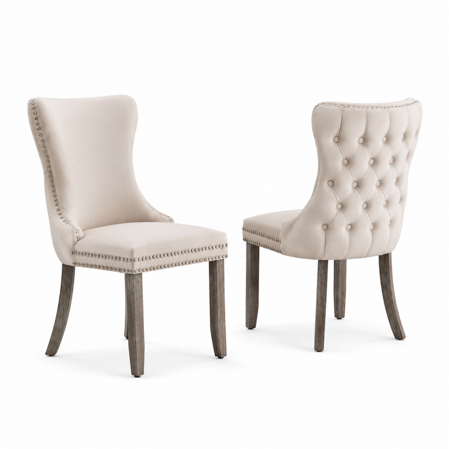 Chaises en bois avec velours beige et dossier capitonné
