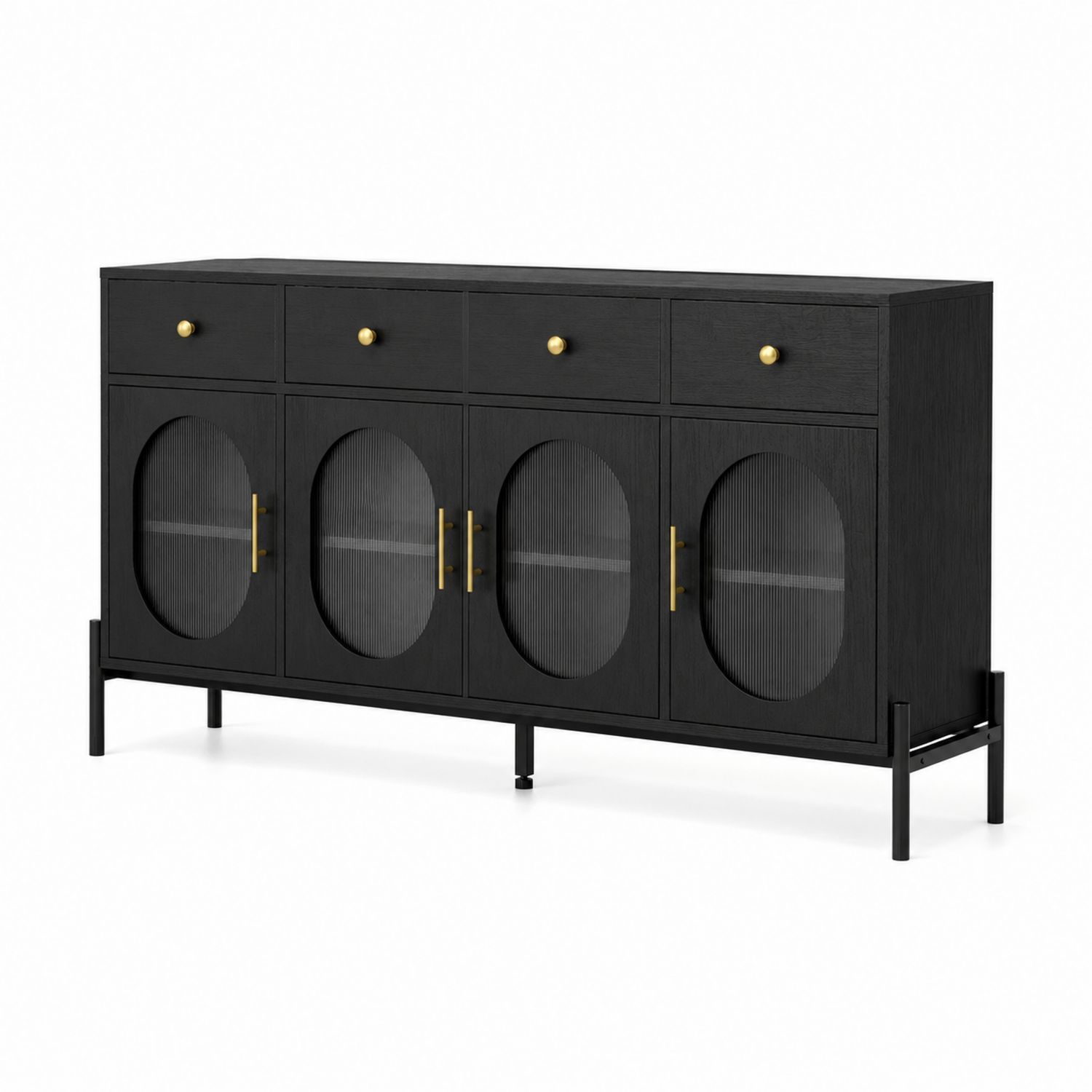 Buffet rectangulaire noir à quatre portes en bois et verre