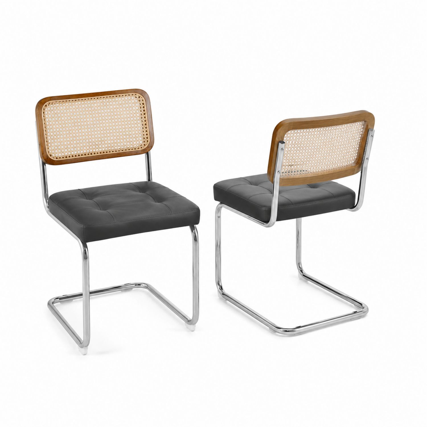 Chaises en rotin et simili cuir noir, structure en acier chromé, lot de 2