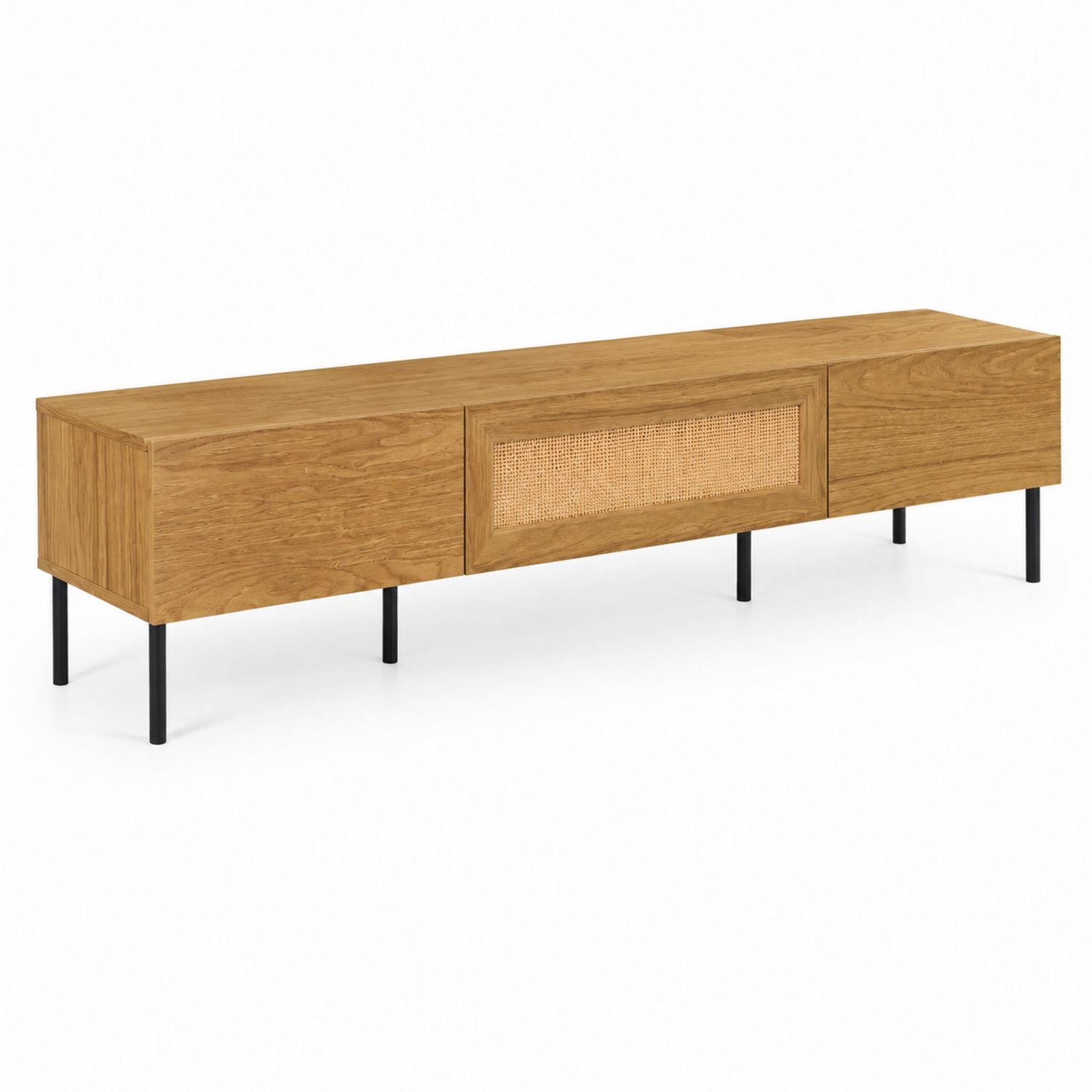 Meuble TV en bois de chêne et rotin avec cadre métallique