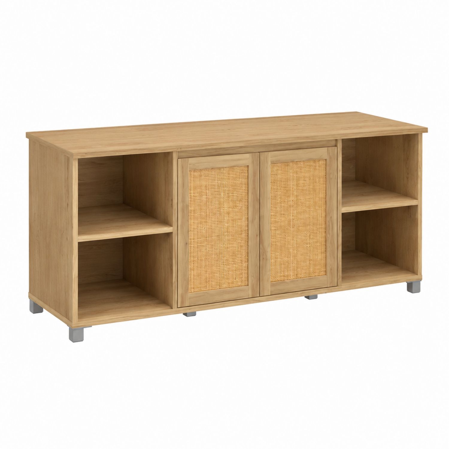 Meuble TV en chêne avec portes en rotin et étagères 160x60x40 cm