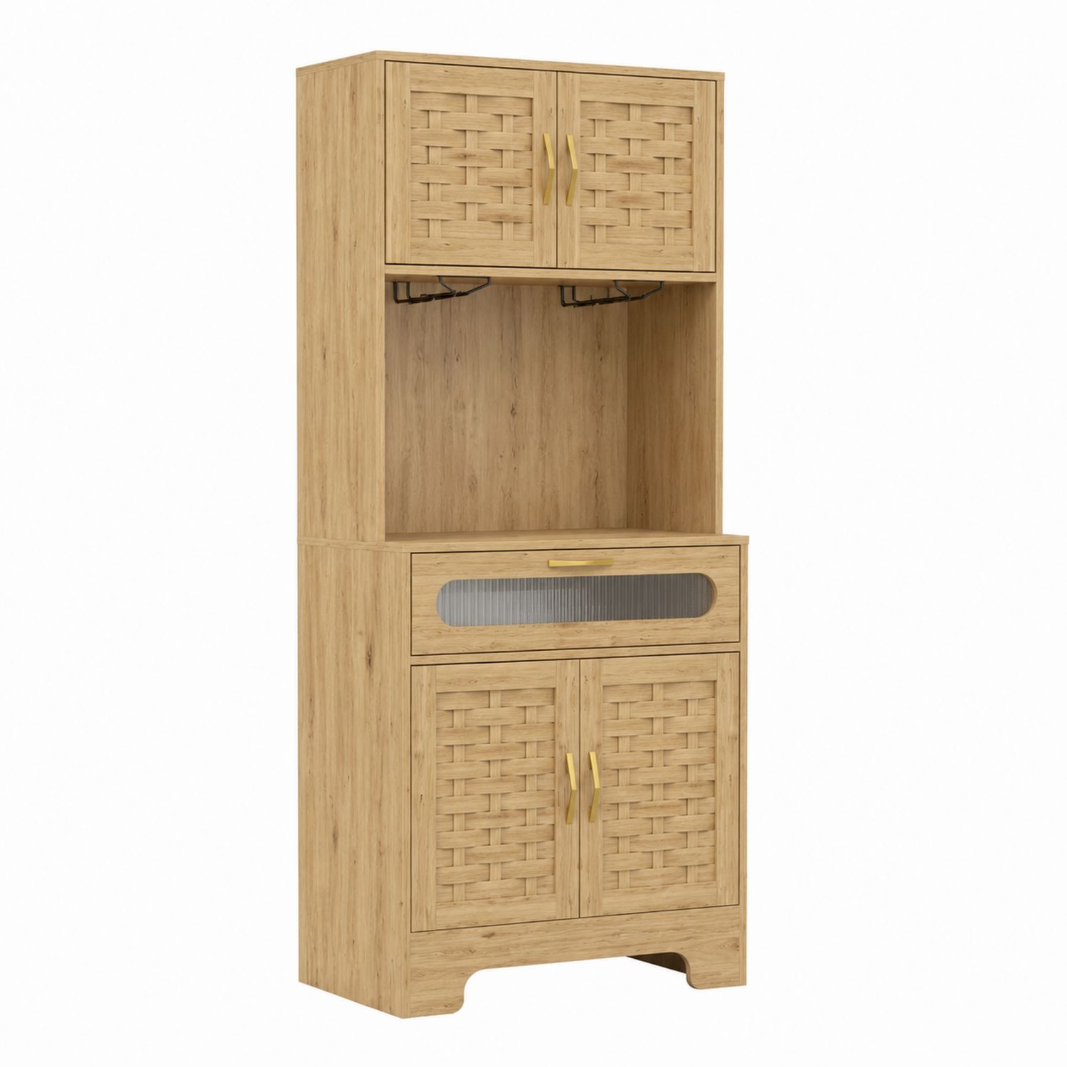 Buffet en bois avec portes tressées et étagère en chêne clair