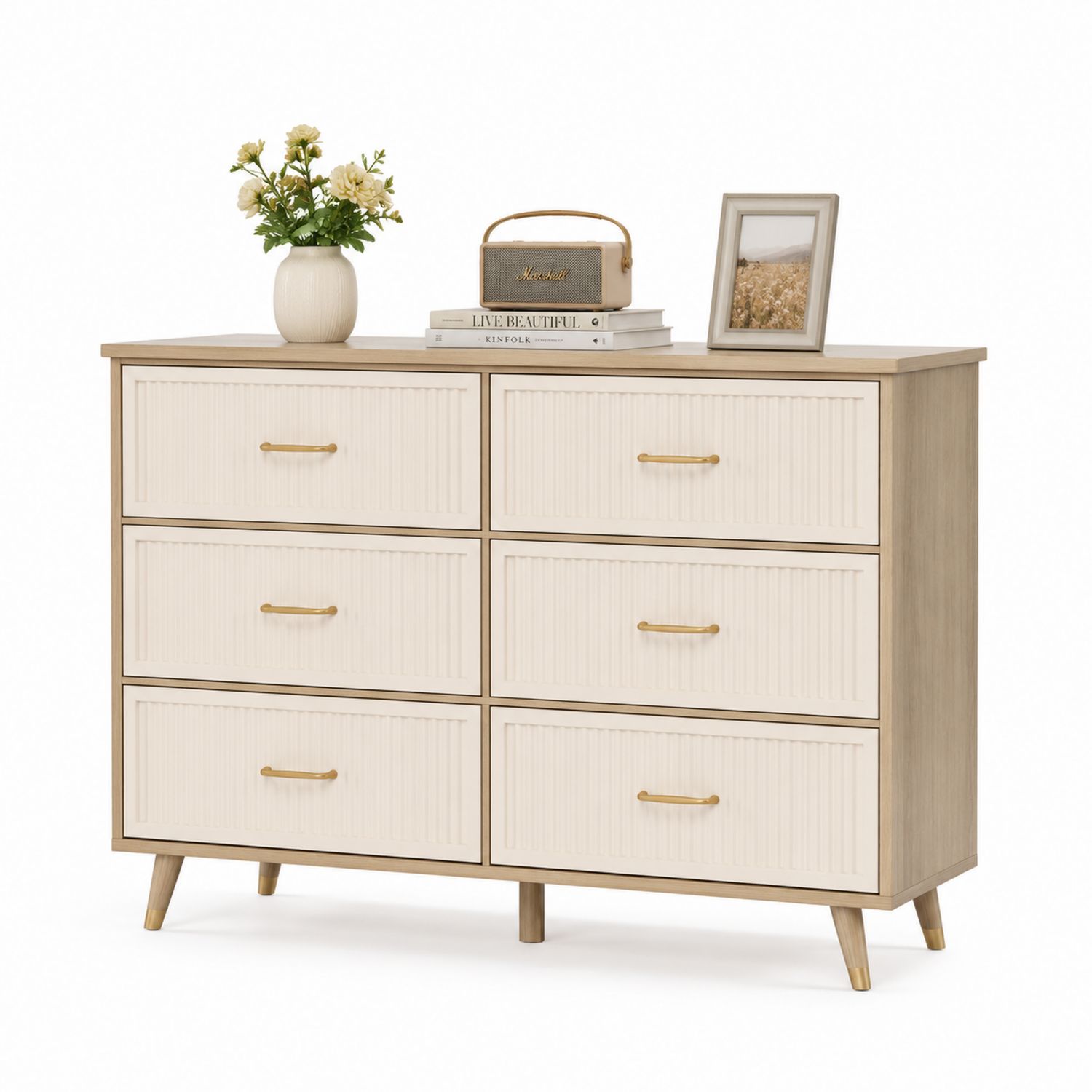 Cajonera de Seis Cajones de Madera MDF y Metal en Crema y Madera-Omnilevar