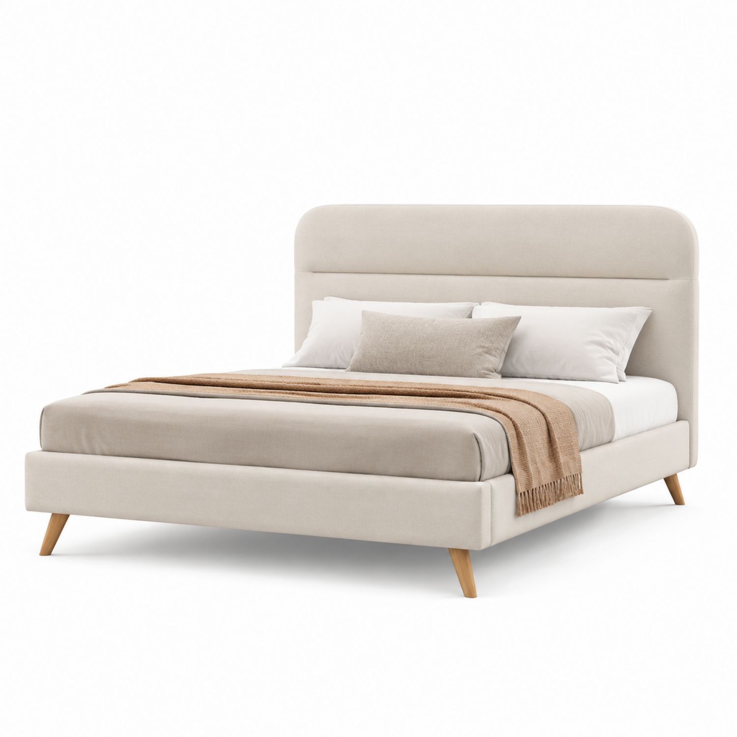 Cama tapizada de tejido poliéster con patas de madera de haya 200x160x100 cm-Omnilevar