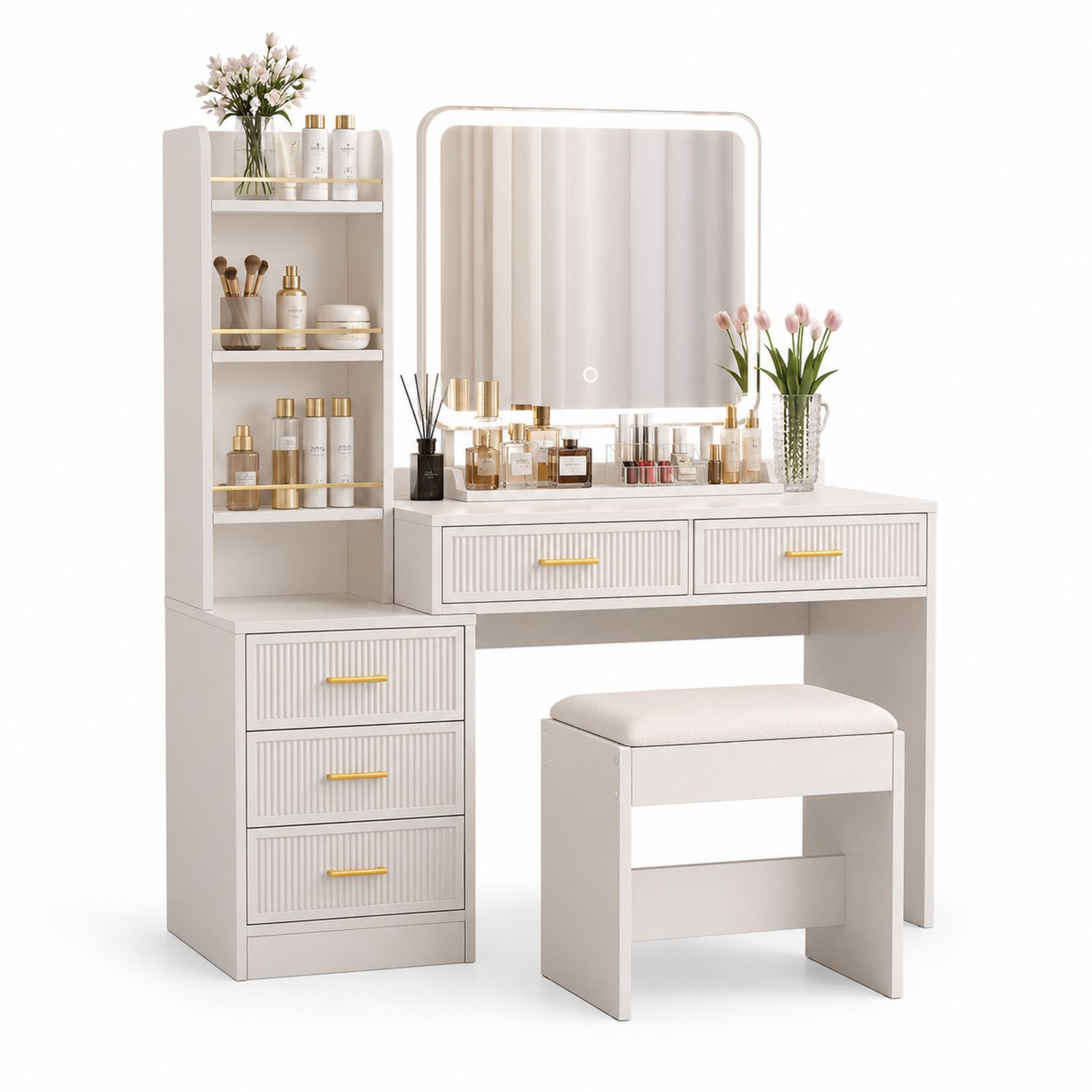 Tocador con espejo LED y taburete de MDF-Omnilevar
