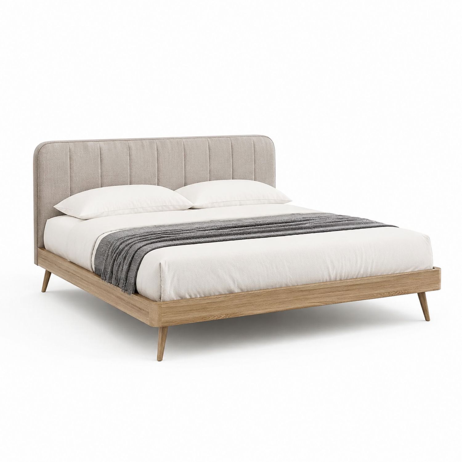 Cama de madera con cabecero tapizado en tejido beige 200x160 cm-Omnilevar