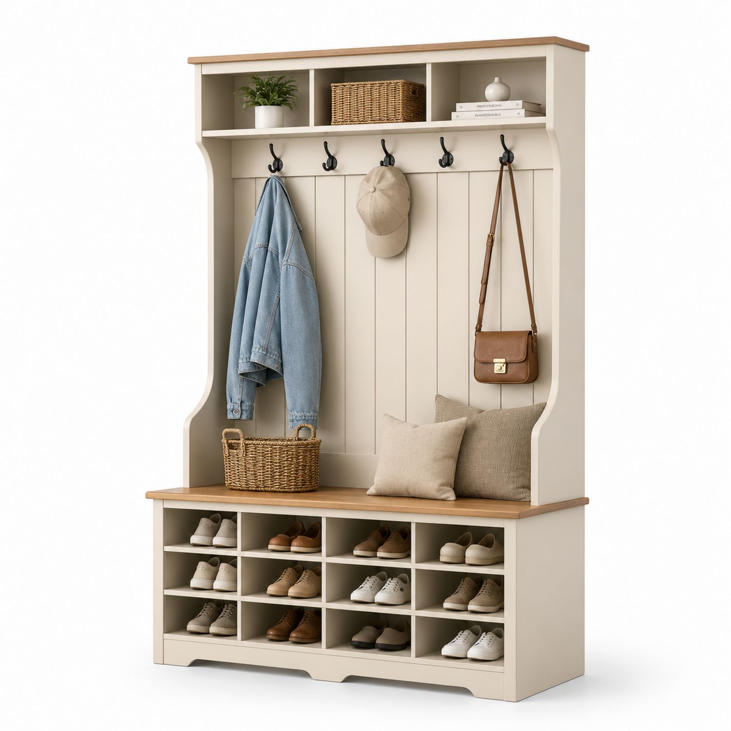 Perchero de Madera MDF con Banco y Almacenamiento de Roble 190x100x40 cm-Omnilevar