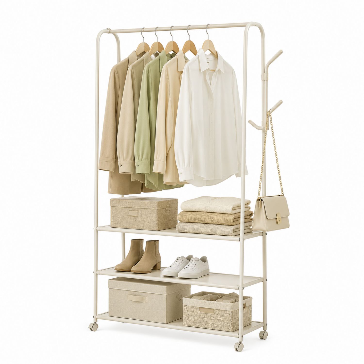 Perchero portátil con ruedas de metal blanco y estantes MDF 160x75x45 cm-Omnilevar