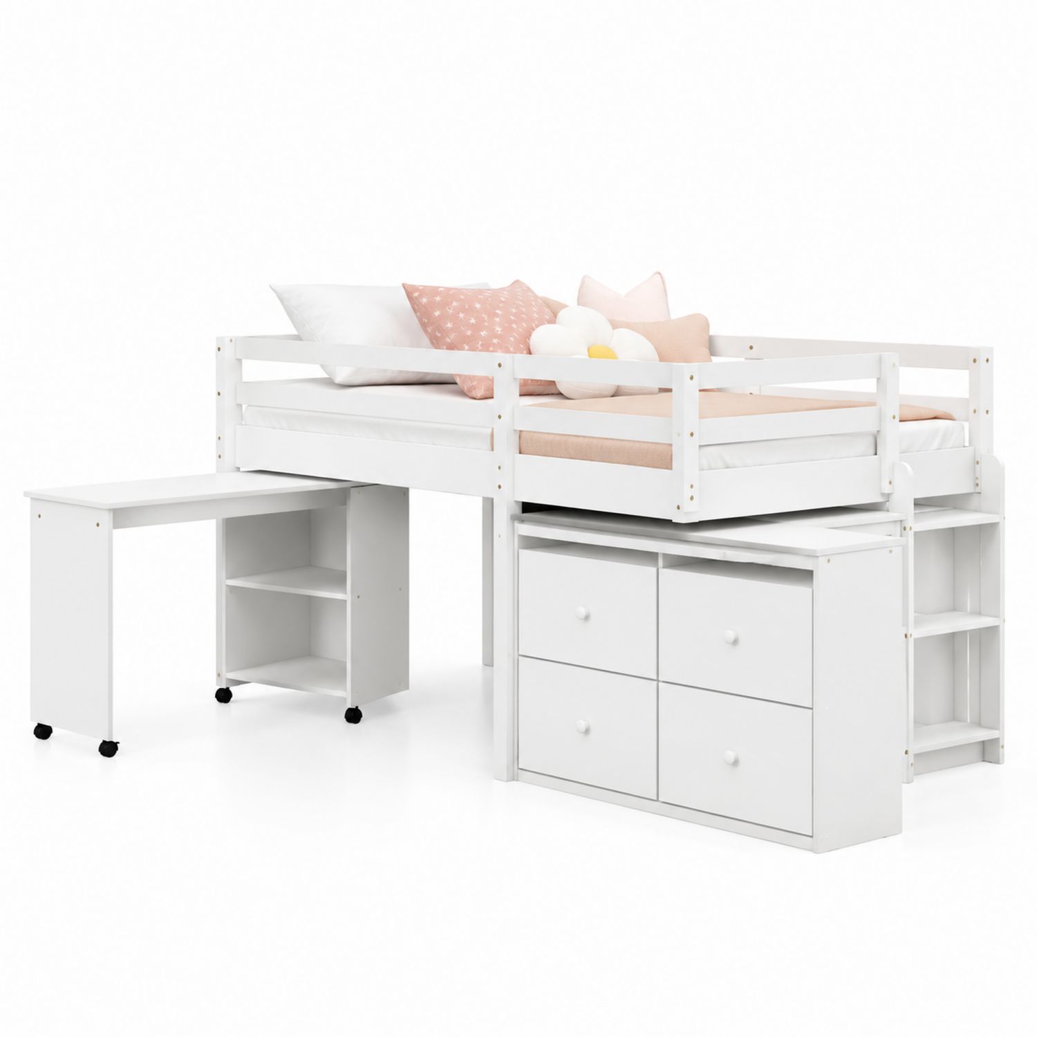 Cama alta de madera blanca con escritorio y cajonera-Omnilevar