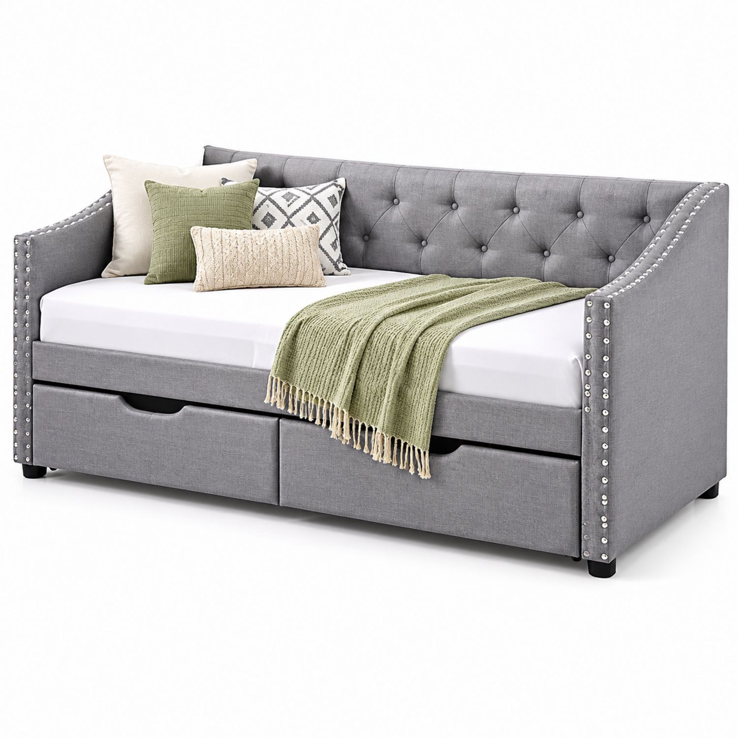 Cama sofá de día tapizada en tela gris con cajones-Omnilevar