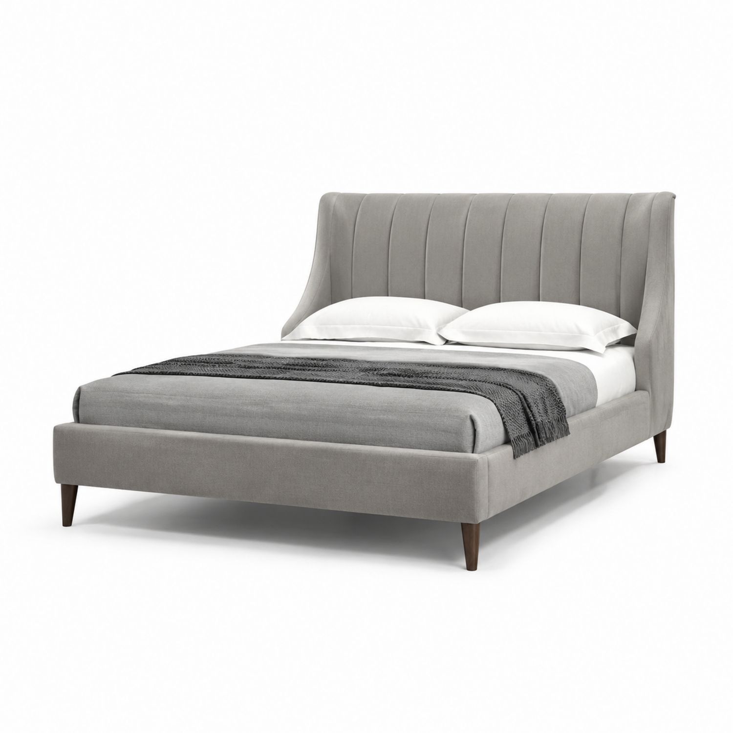 Cama doble tapizada en poliéster gris con patas de madera maciza-Omnilevar