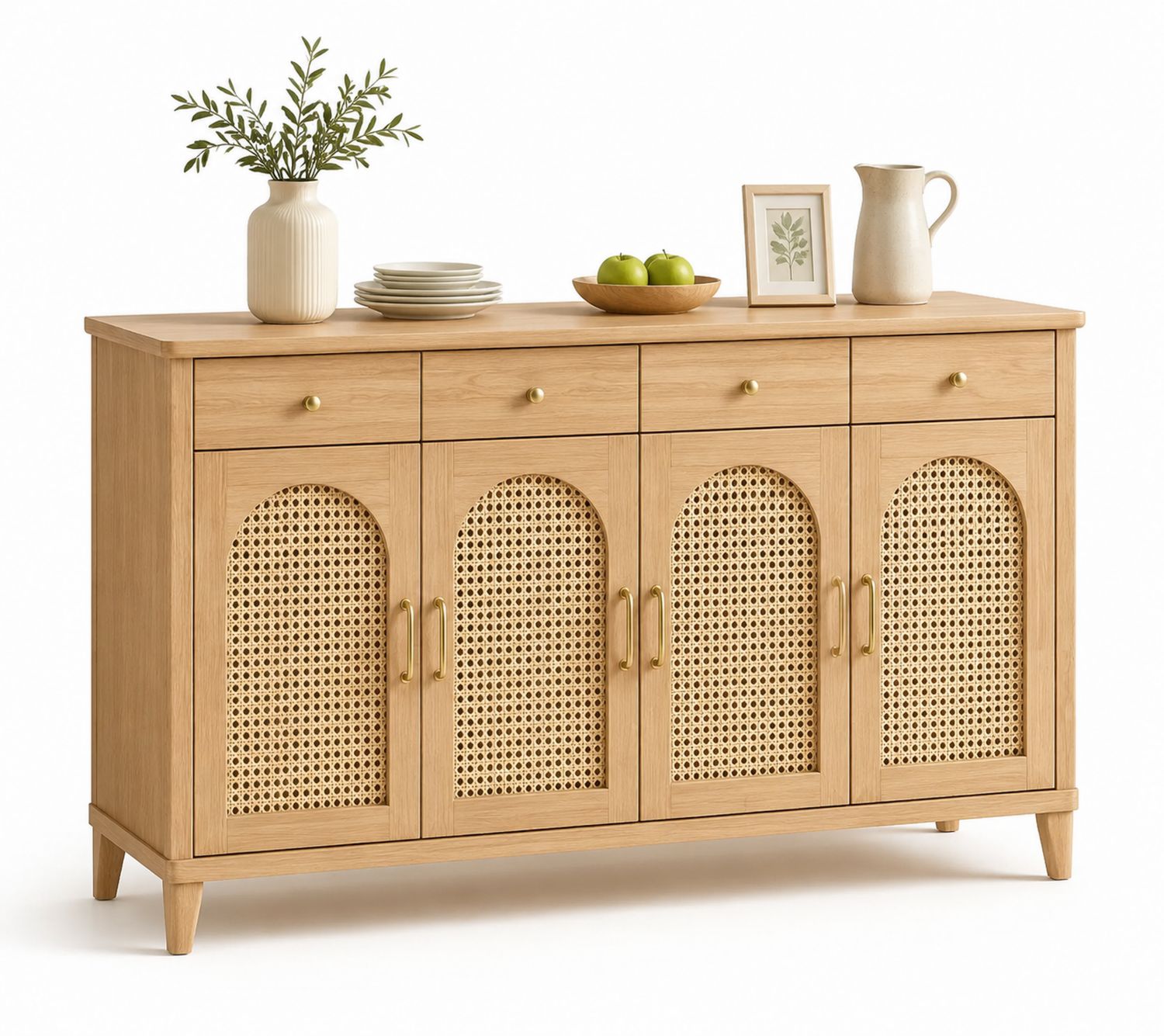 Aparador de Madera y Ratán con Manillas Metálicas 150x40x85 cm-Omnilevar