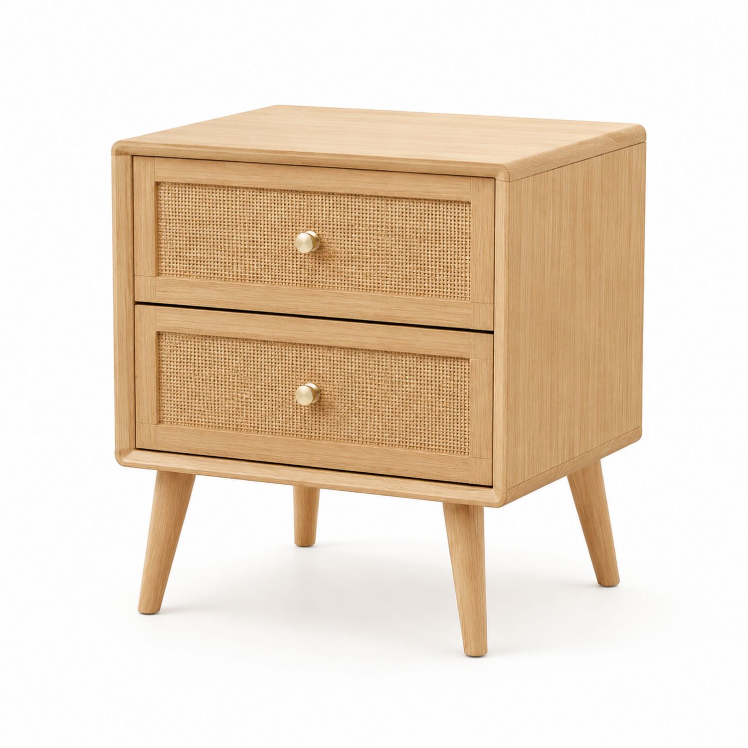 Mesita de noche de madera de roble y ratán con dos cajones 50x40x60 cm-Omnilevar