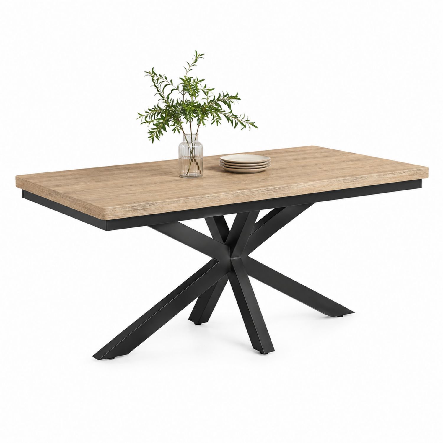 Mesa de comedor rectangular de madera de roble y base de metal negro 180x90 cm-Omnilevar