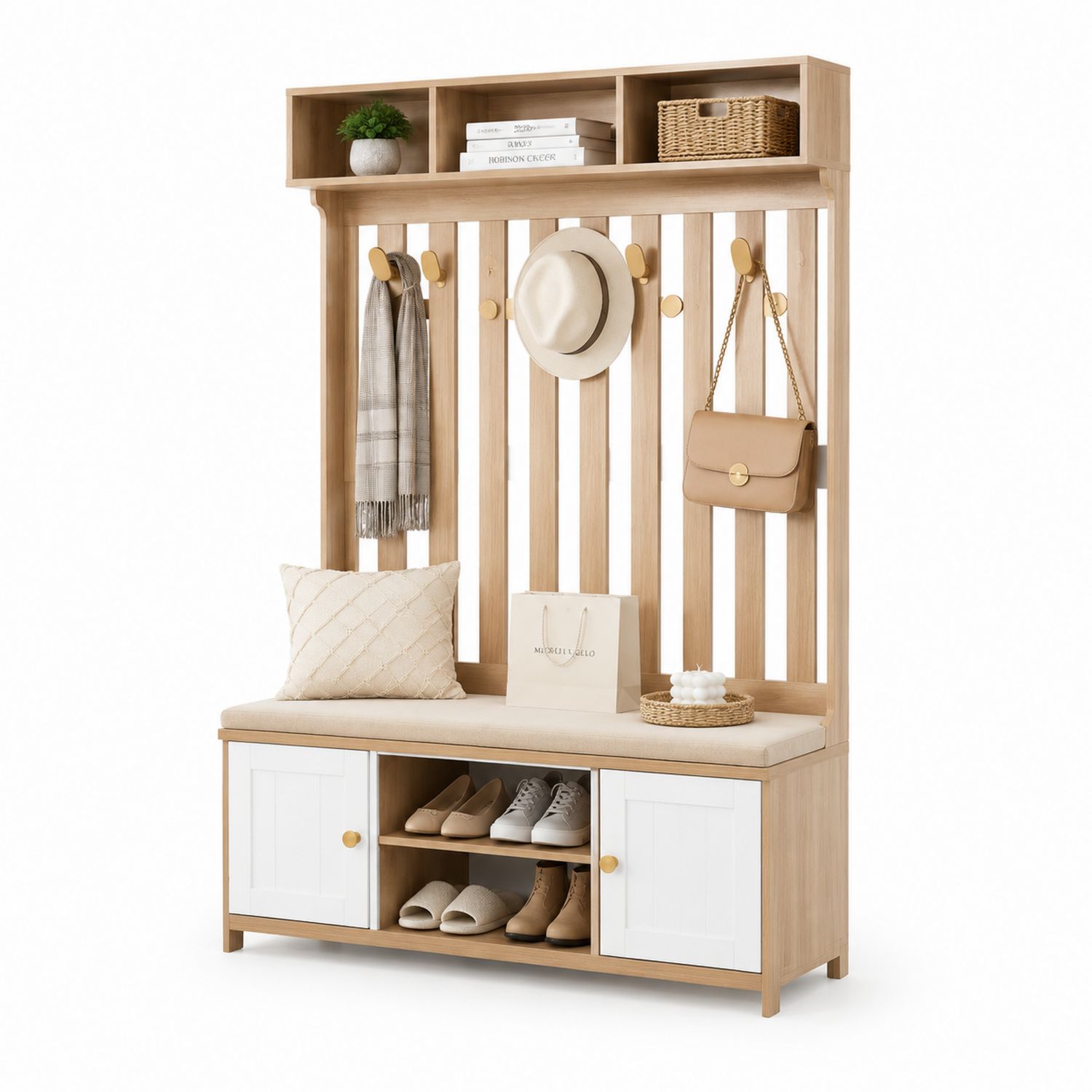 Perchero de Madera con Banco y Almacenamiento de Madera Beige-Omnilevar
