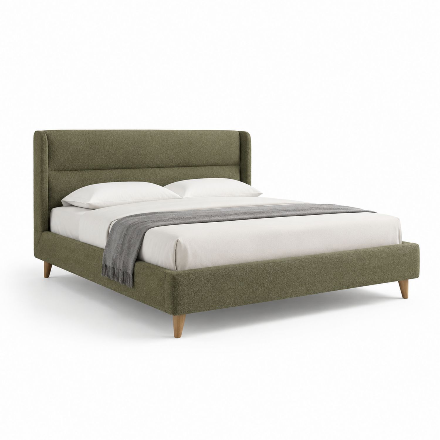 Cama doble de tela verde con patas de madera 200x160 cm-Omnilevar