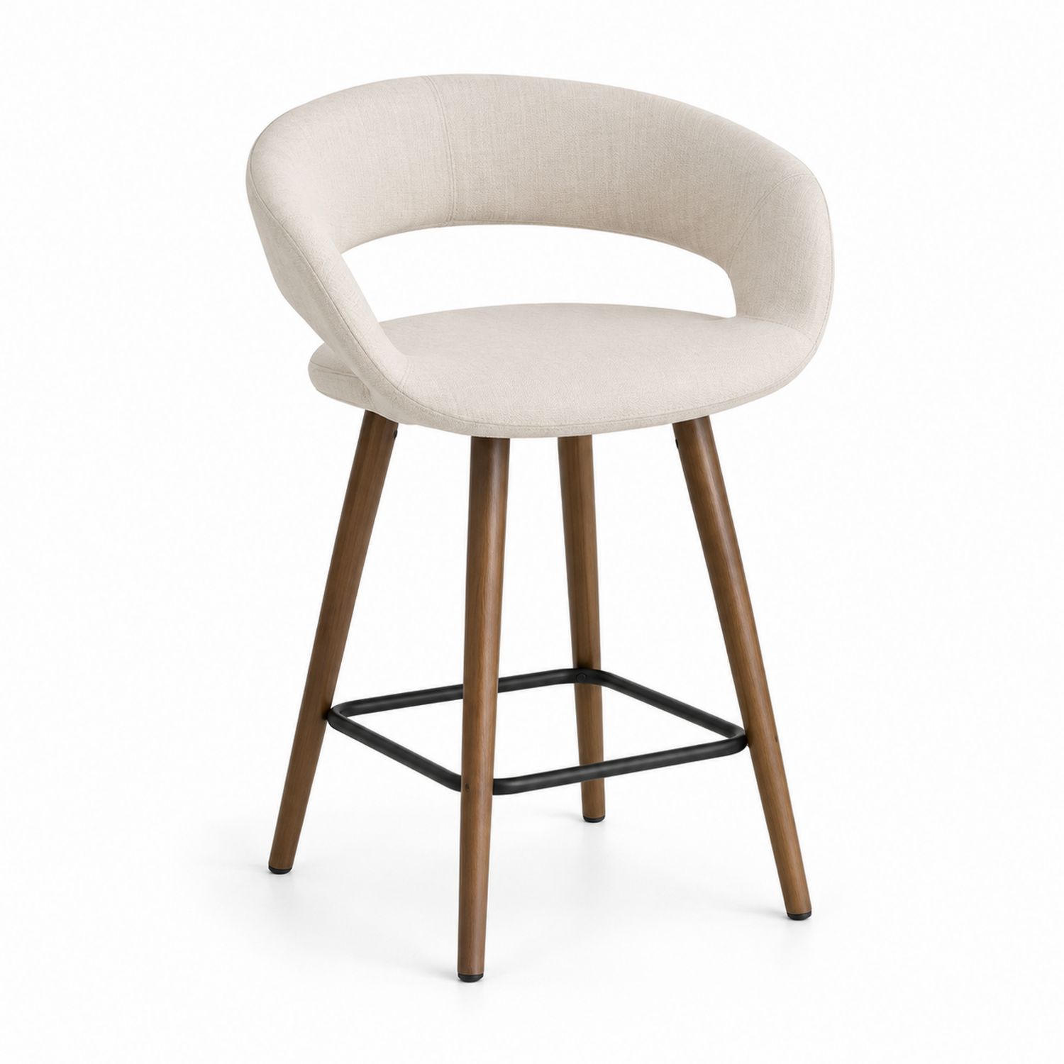 Taburete de tela beige con patas de madera y reposapiés de metal-Omnilevar