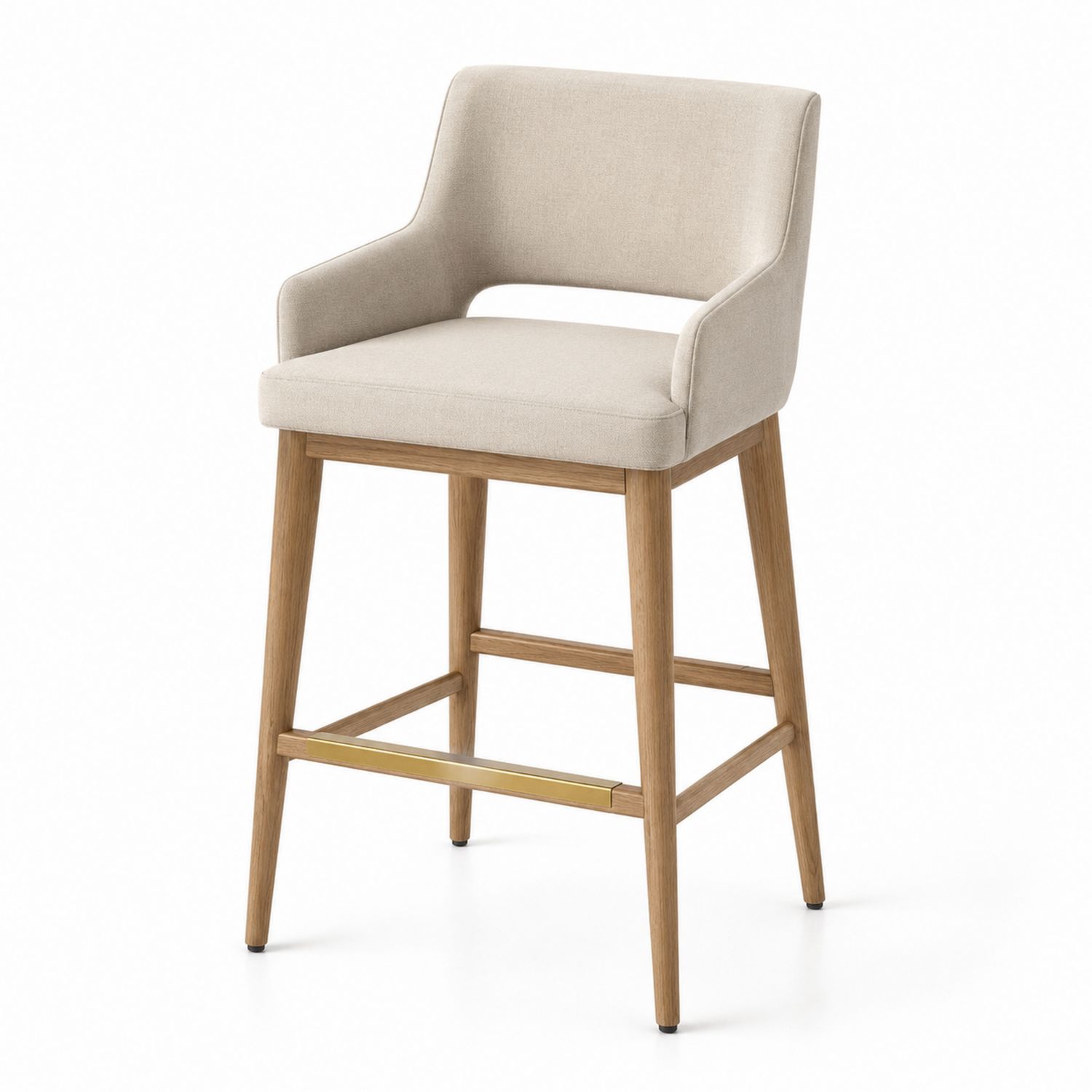 Taburete de lino beige con patas de madera y reposapiés metálico 104cm-Omnilevar