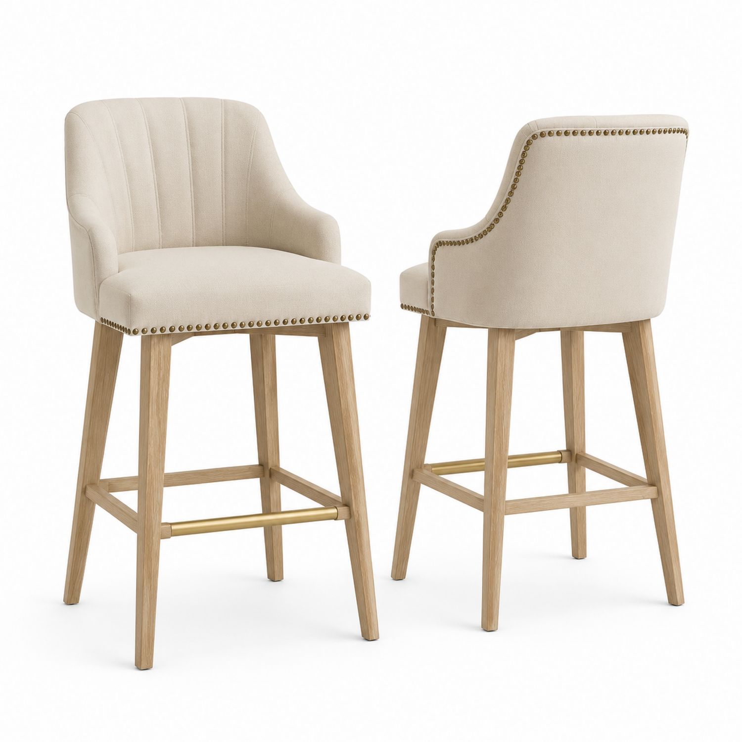 Taburetes de Tela Beige con Patas de Madera de Roble Conjunto de Dos-Omnilevar