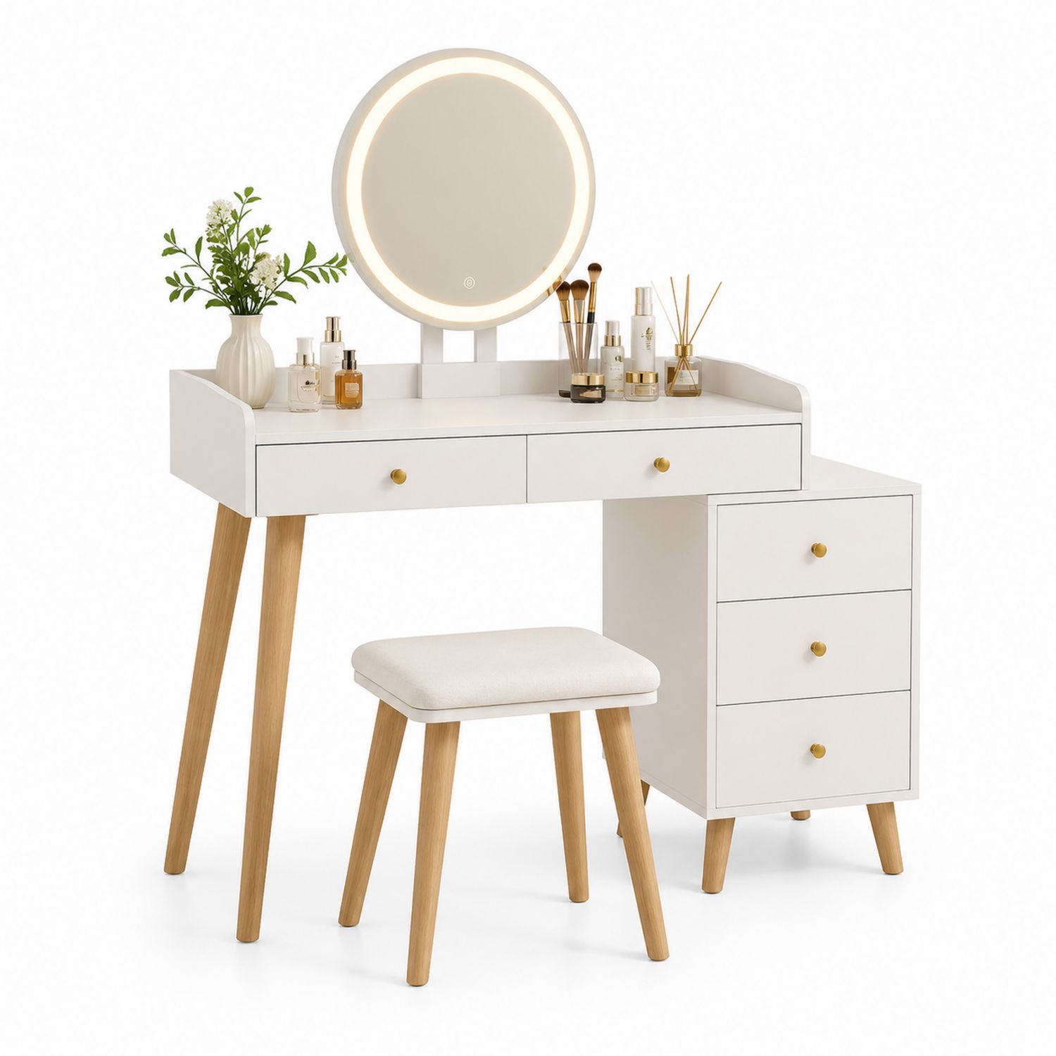 Tocador de MDF con Espejo LED y Taburete de Madera-Omnilevar