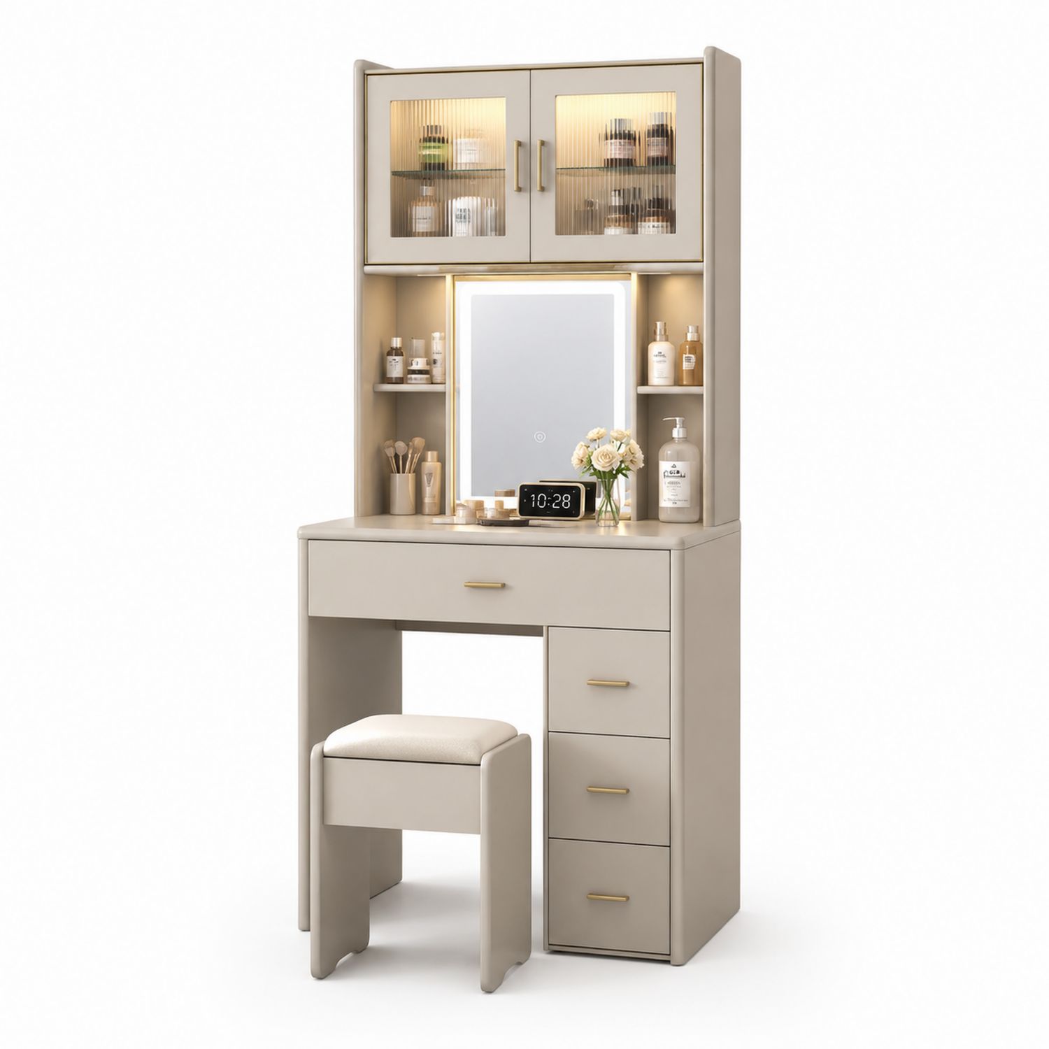 Tocador de MDF Beige con Espejo Iluminado y Almacenamiento-Omnilevar