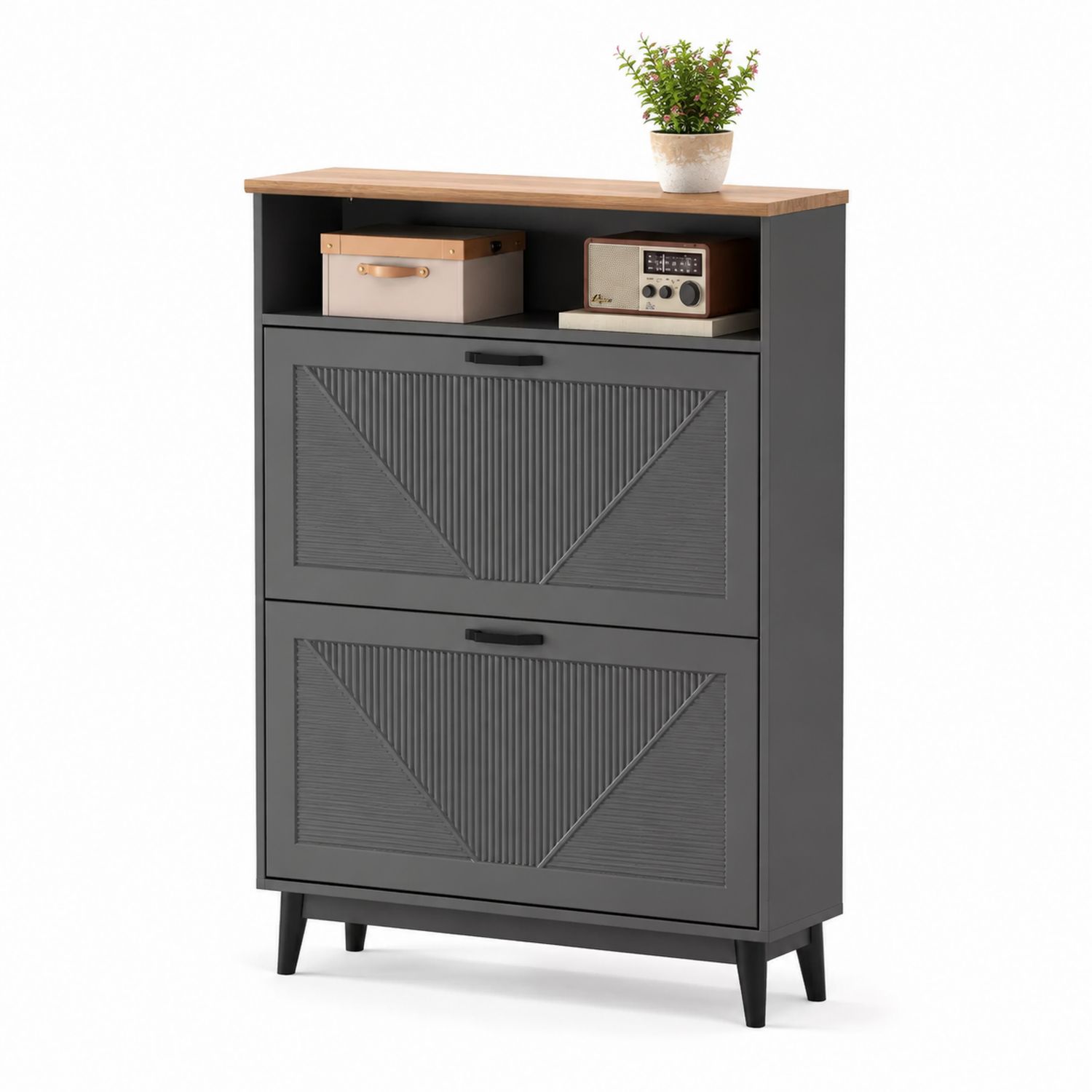 Zapatero de MDF con estantes de madera gris y natural 80x30x110 cm-Omnilevar