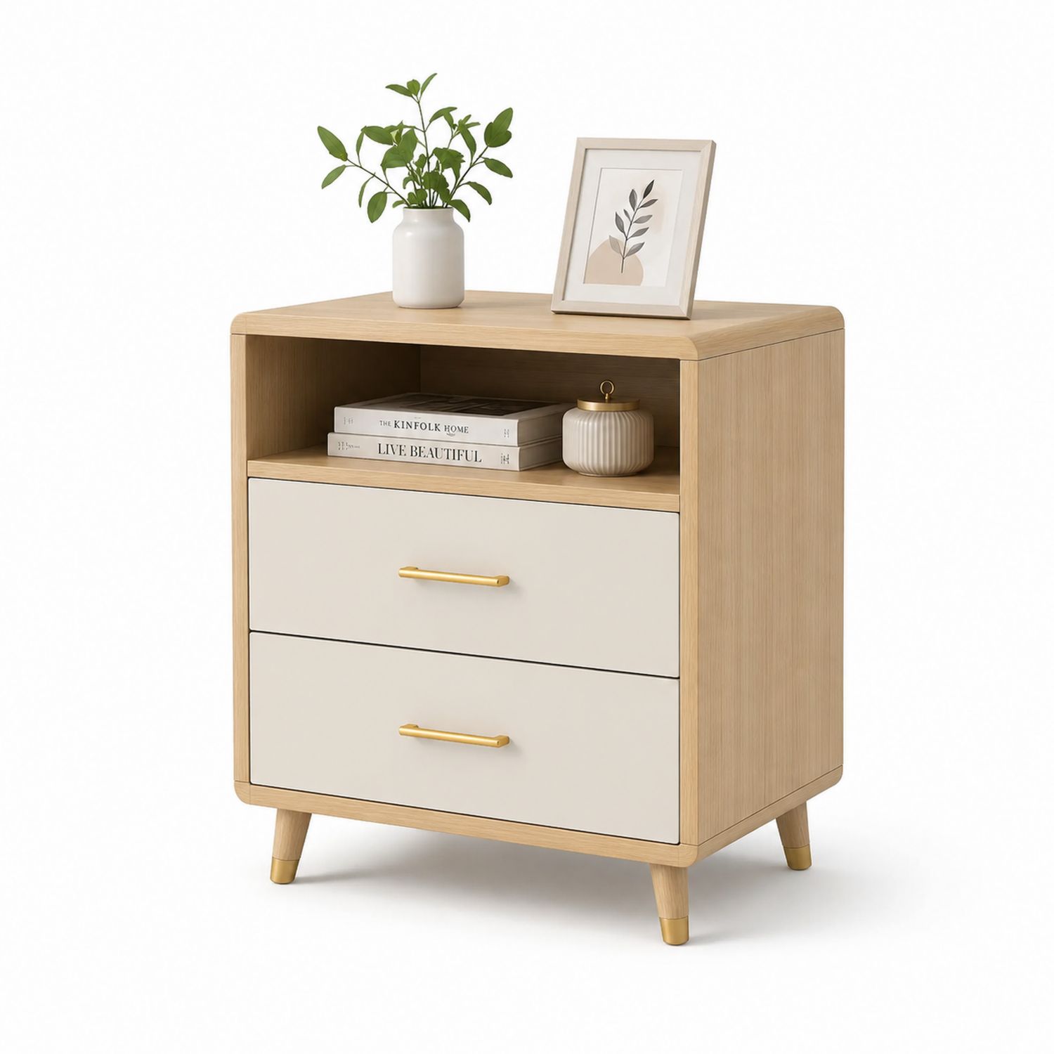 Mesita de noche MDF con dos cajones y estante abierto, Beige y Roble-Omnilevar