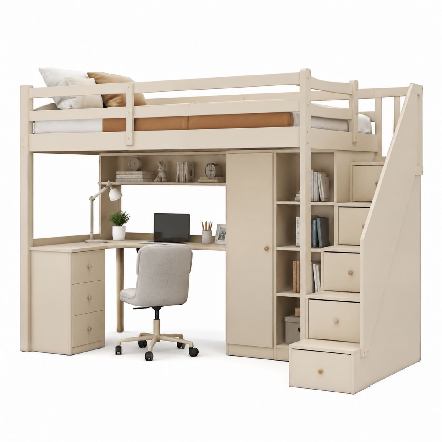 Cama alta con escritorio y almacenamiento de madera, Beige-Omnilevar