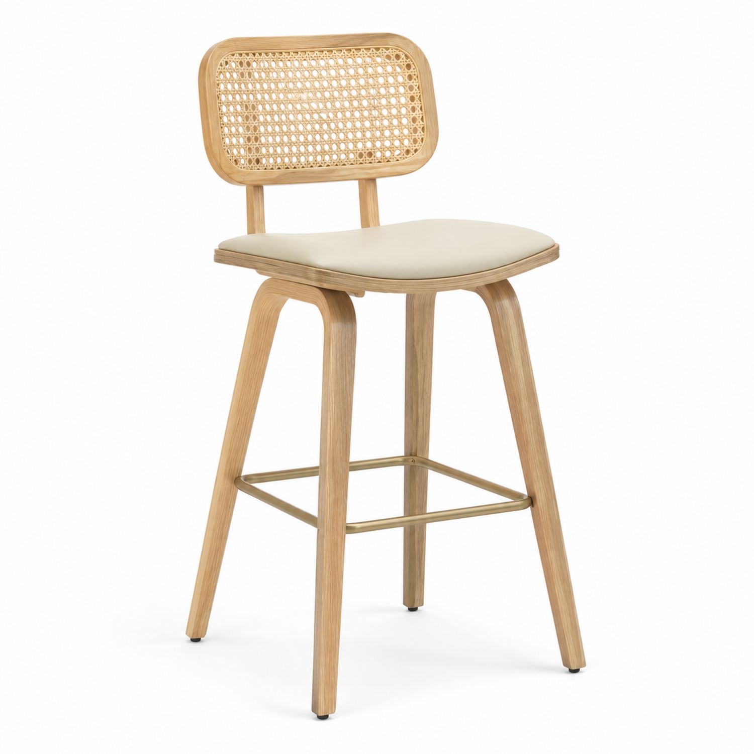 Taburete de bar con respaldo de ratán y asiento de cuero sintético beige-Omnilevar