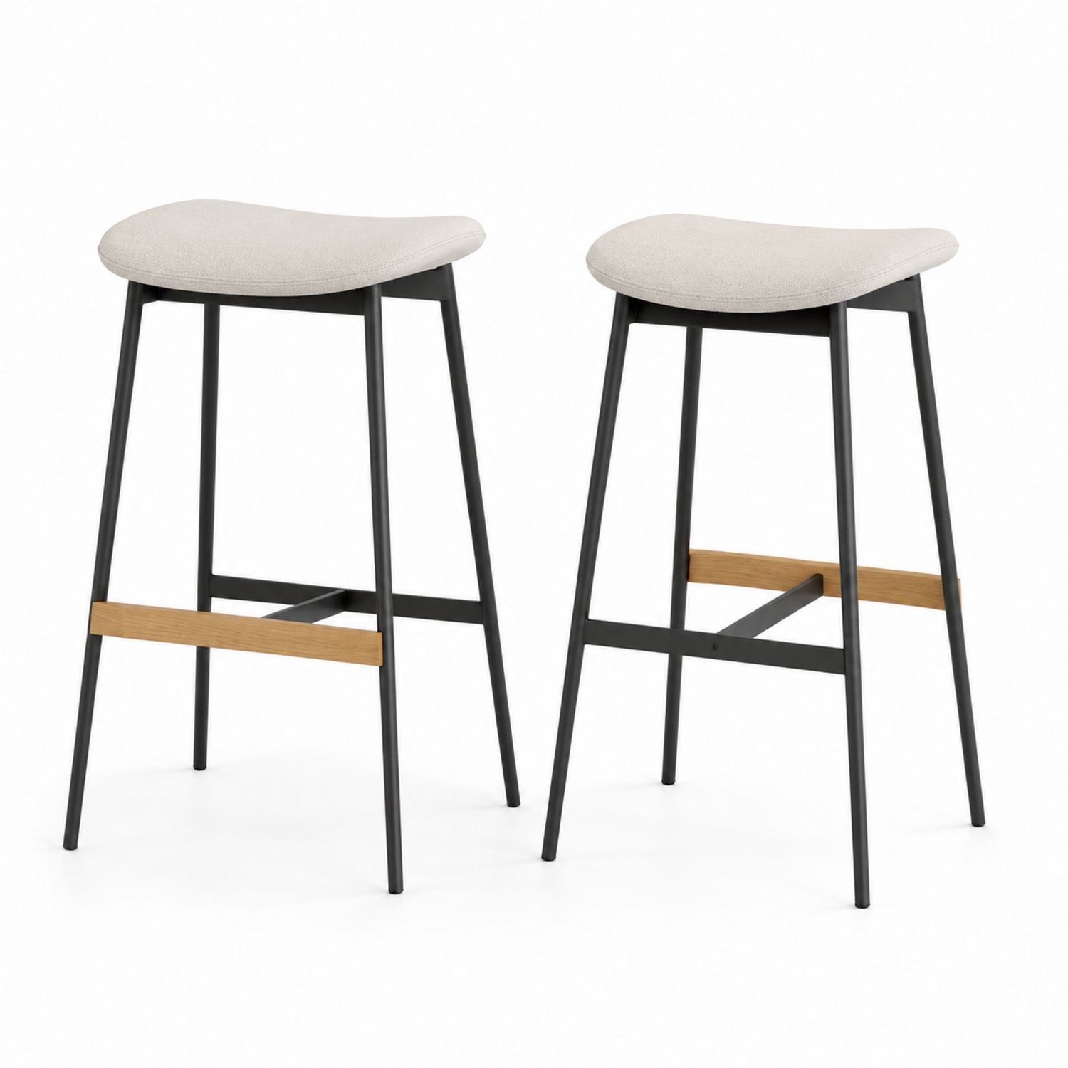 Taburetes de bar de tela y estructura metálica con reposapiés de madera, 76 cm, set de 2-Omnilevar