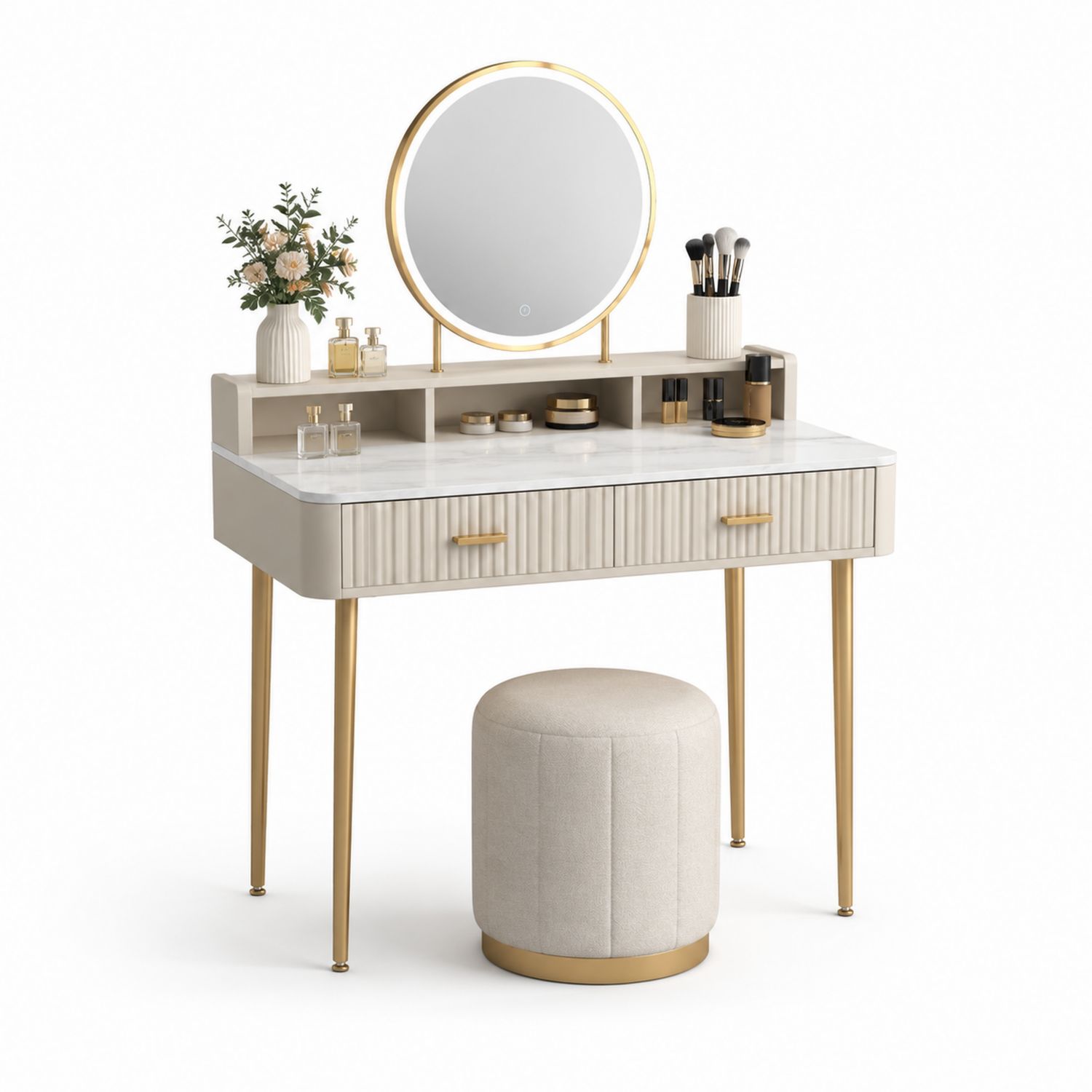 Tocador con espejo LED y taburete 80 cm x 40 cm x 135 cm MDF y metal Dorado Beige-Omnilevar