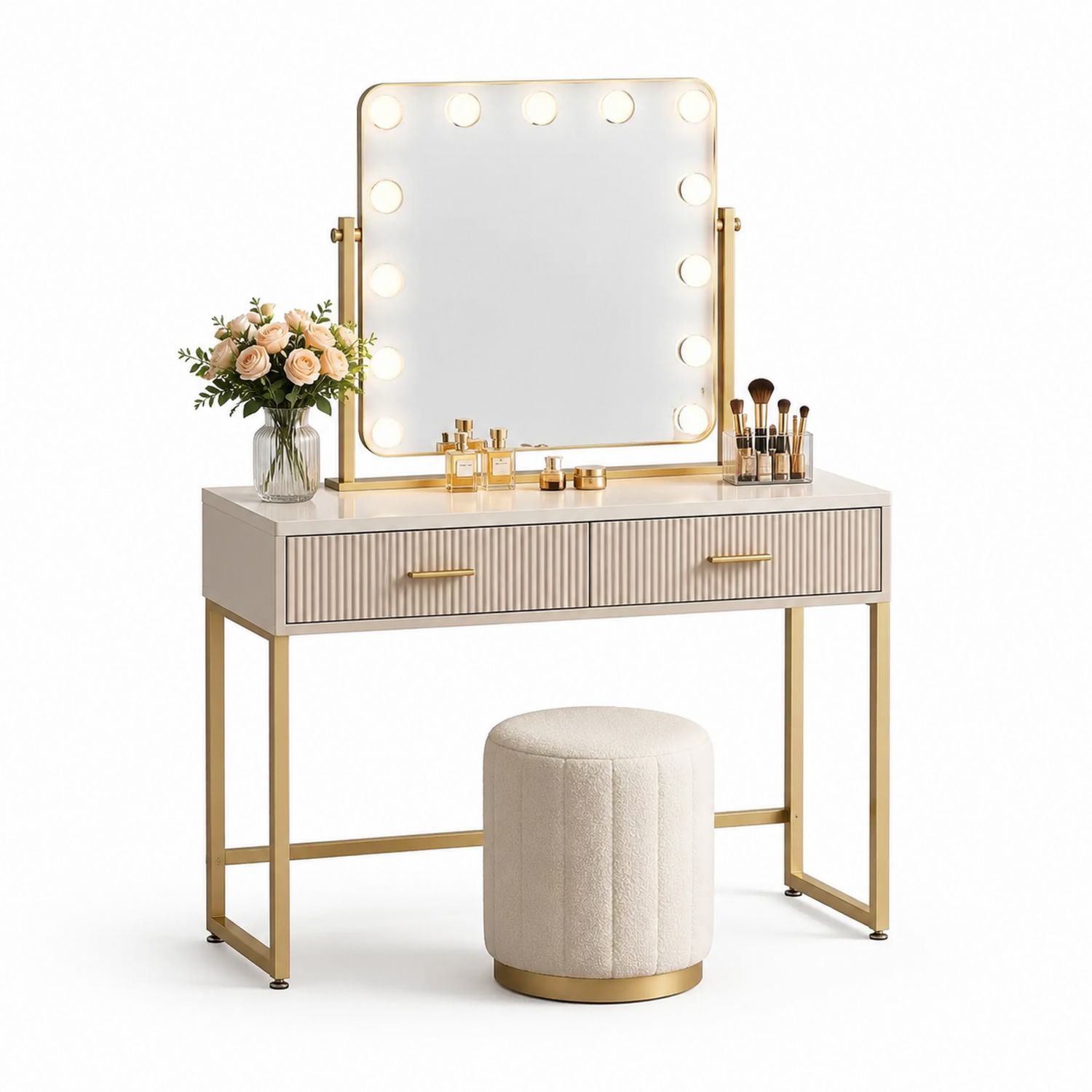 Tocador de MDF y Acero con Espejo Iluminado, Crema y Dorado-Omnilevar