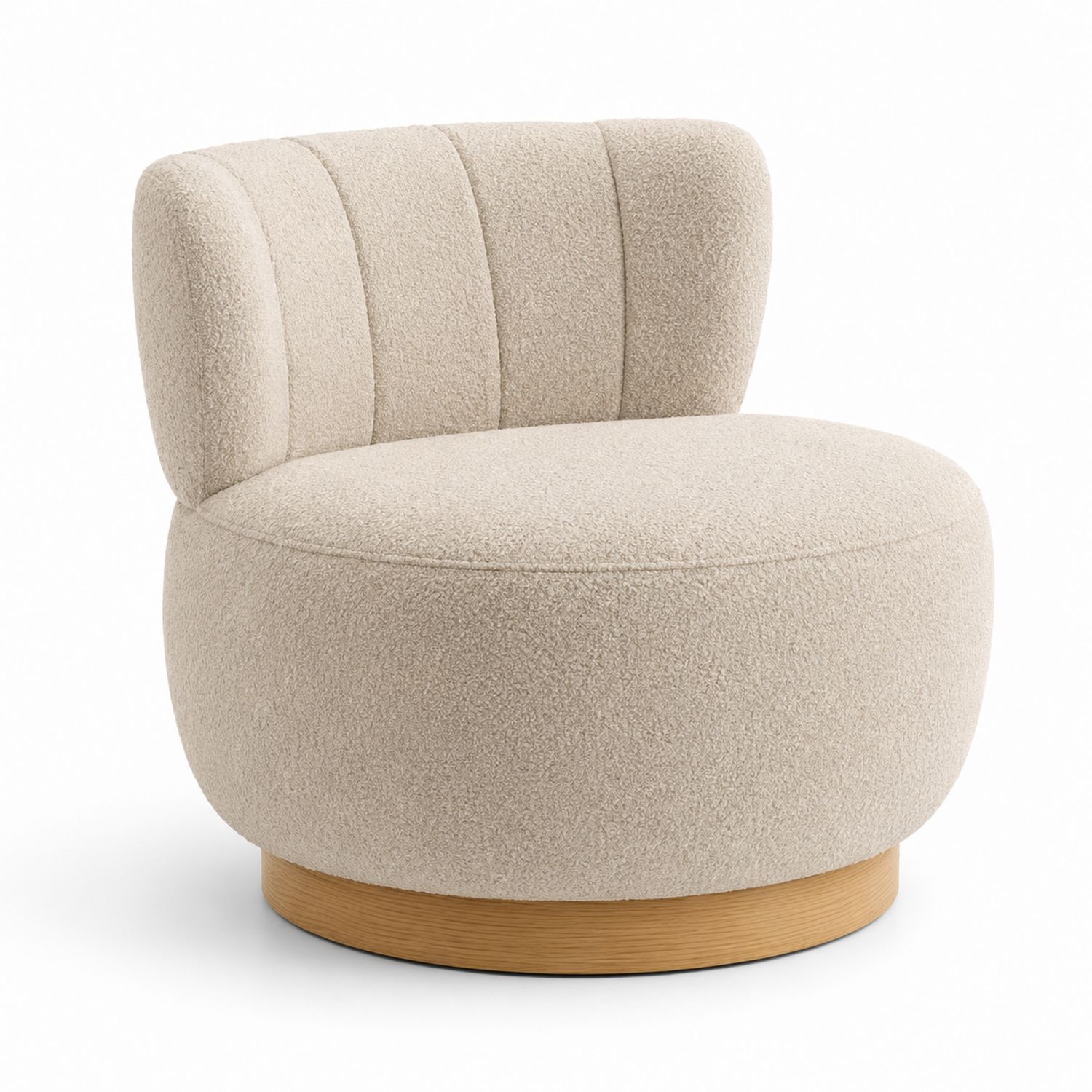 Silla redonda con tejido bouclé beige y base de madera-Omnilevar