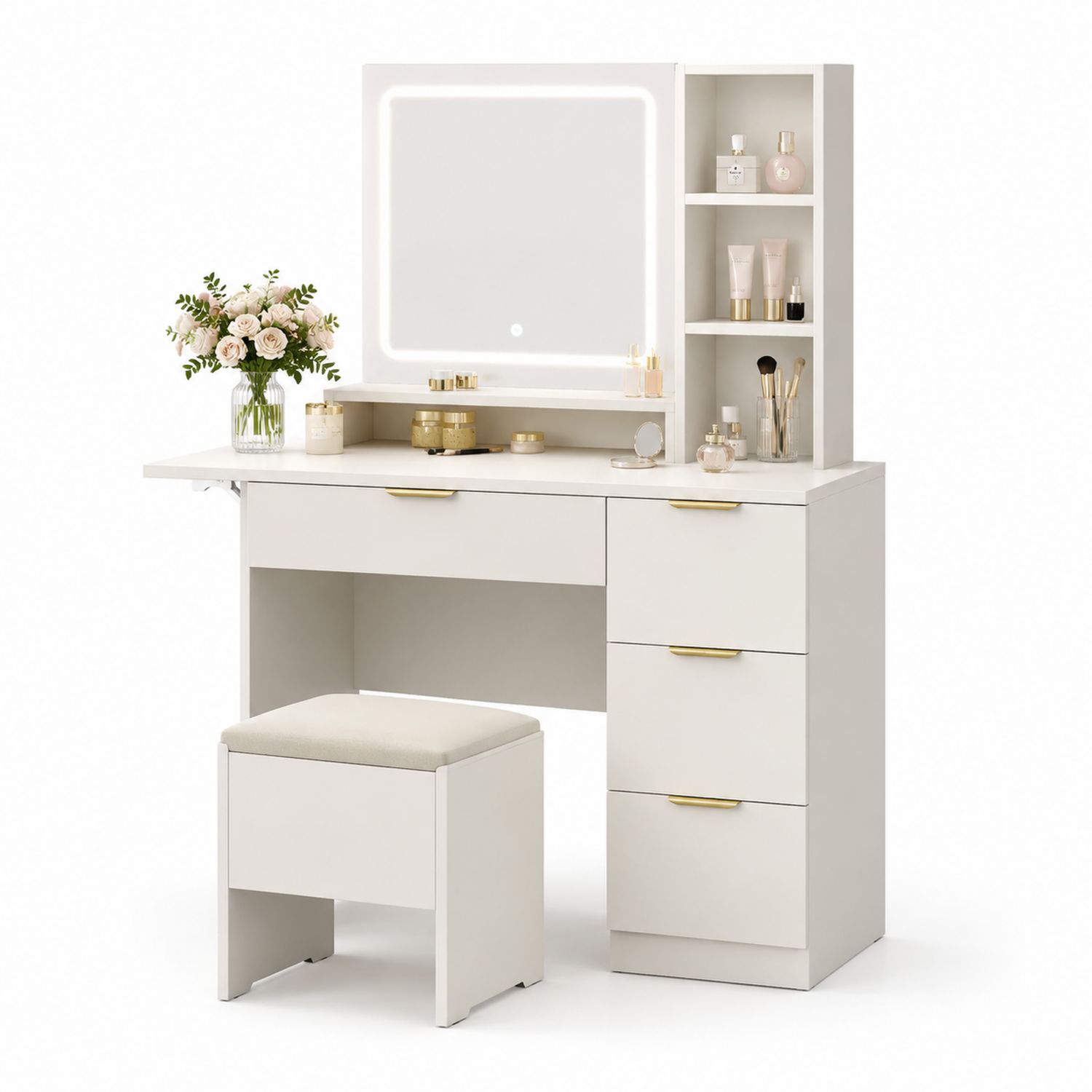 Tocador con Espejo LED y Taburete Blanco-Omnilevar