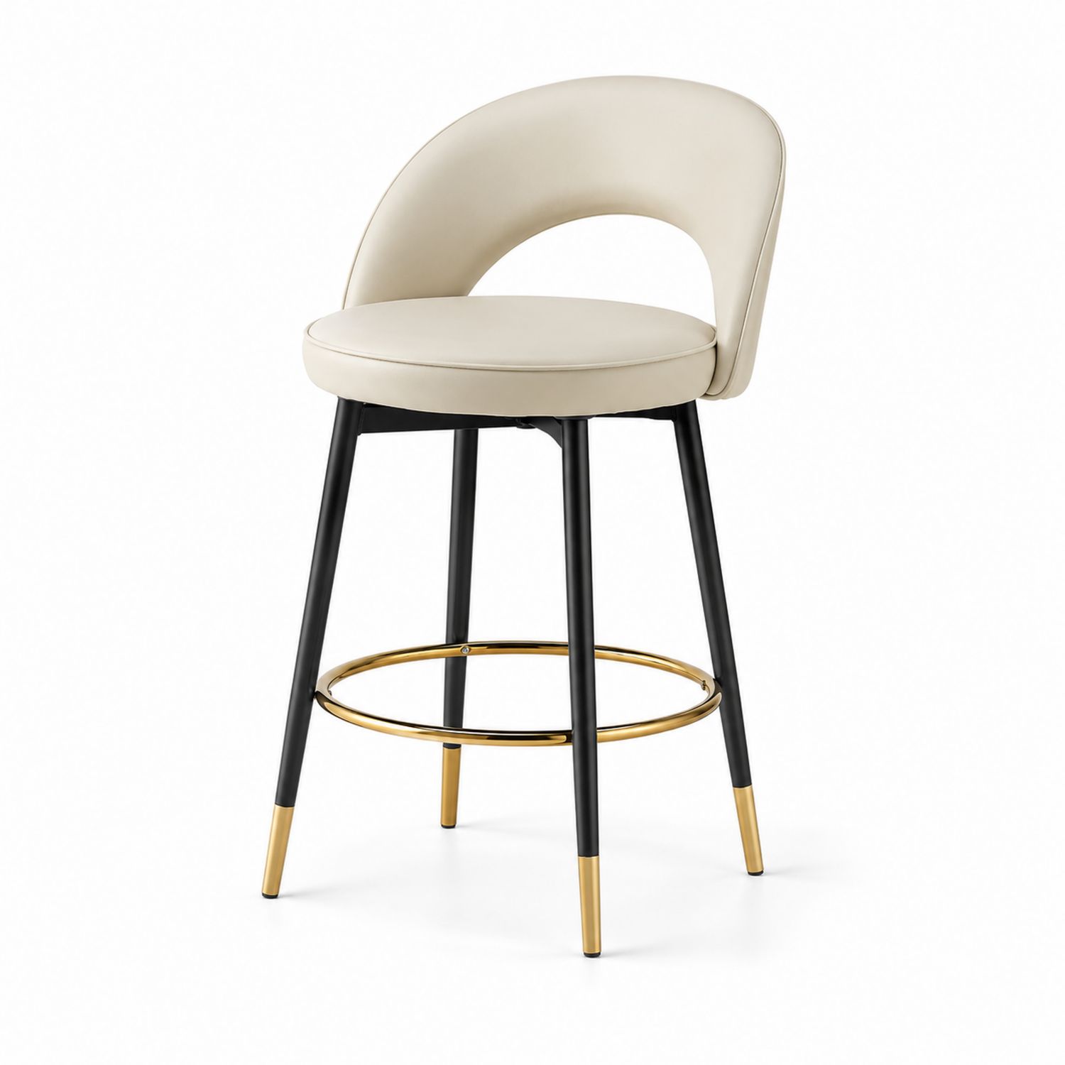 Taburete de bar de PU Beige con estructura de metal negro y detalles dorados-Omnilevar