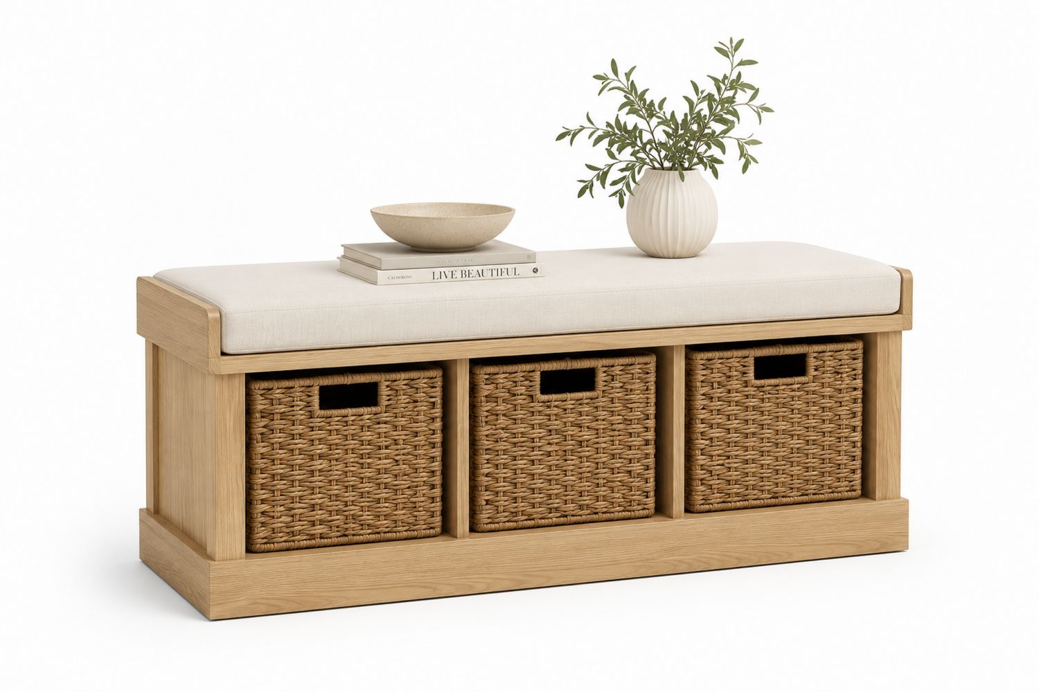 Banco de madera con cojín de lino y cestas de mimbre-Omnilevar