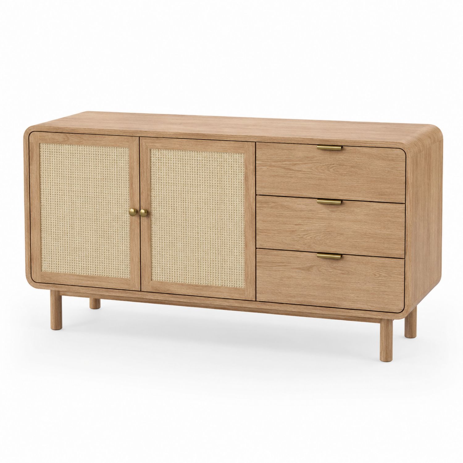 Aparador de madera de roble con puertas de ratán y tres cajones 120x40x75 cm-Omnilevar