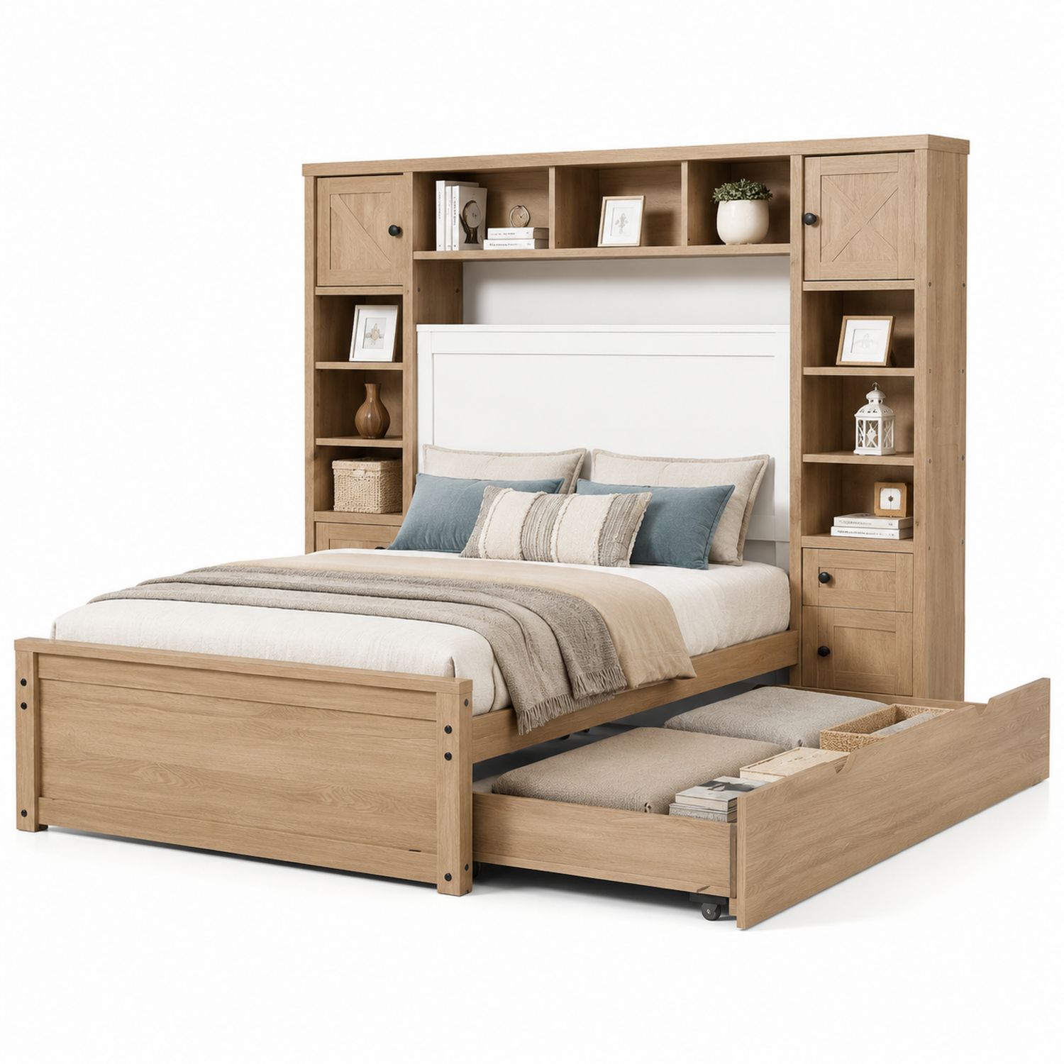 Cama de madera clara con almacenamiento y estantería integrada 200x160 cm-Omnilevar