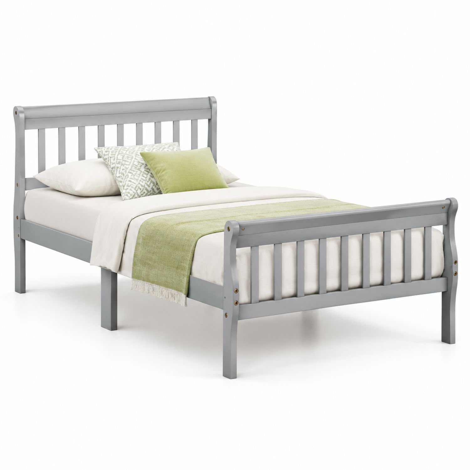 Cama individual de madera gris con colchón y almohadas-Omnilevar