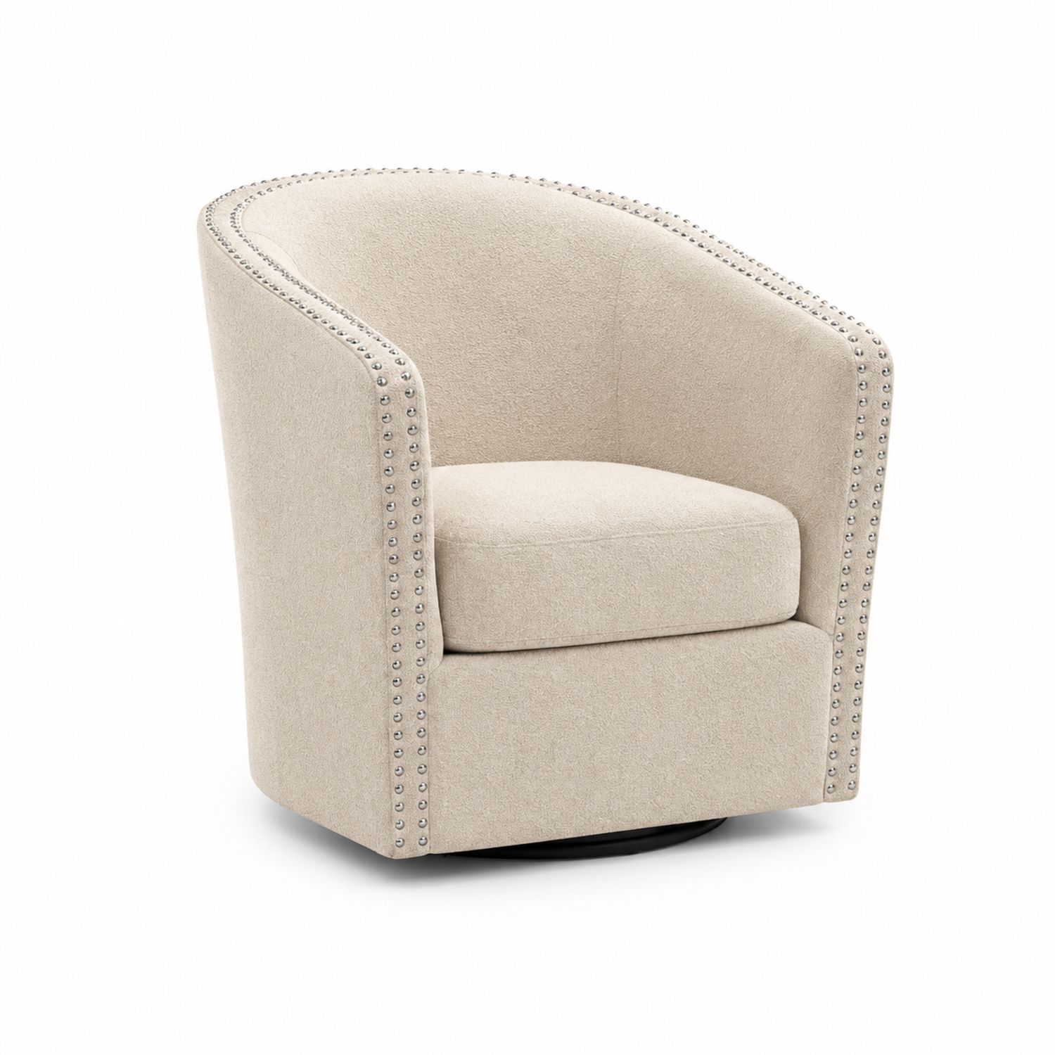 Sillón giratorio de poliéster beige con remaches y base redonda-Omnilevar