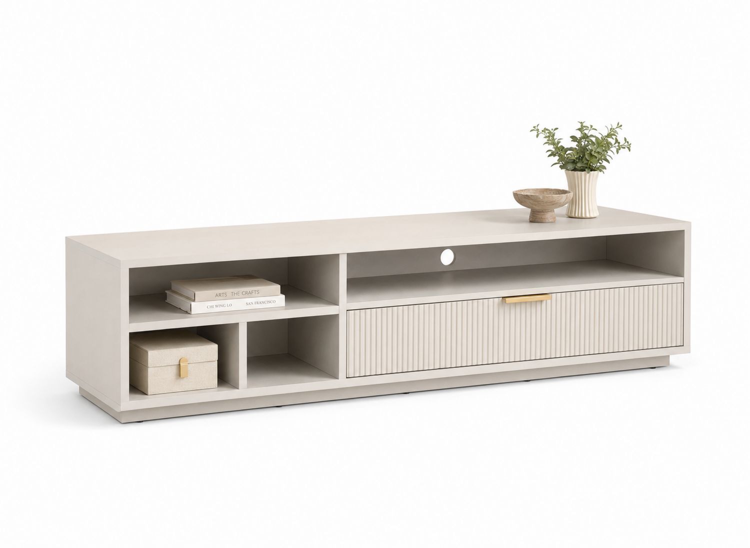Mueble para TV de MDF con estantes y cajón, color Beige-Omnilevar