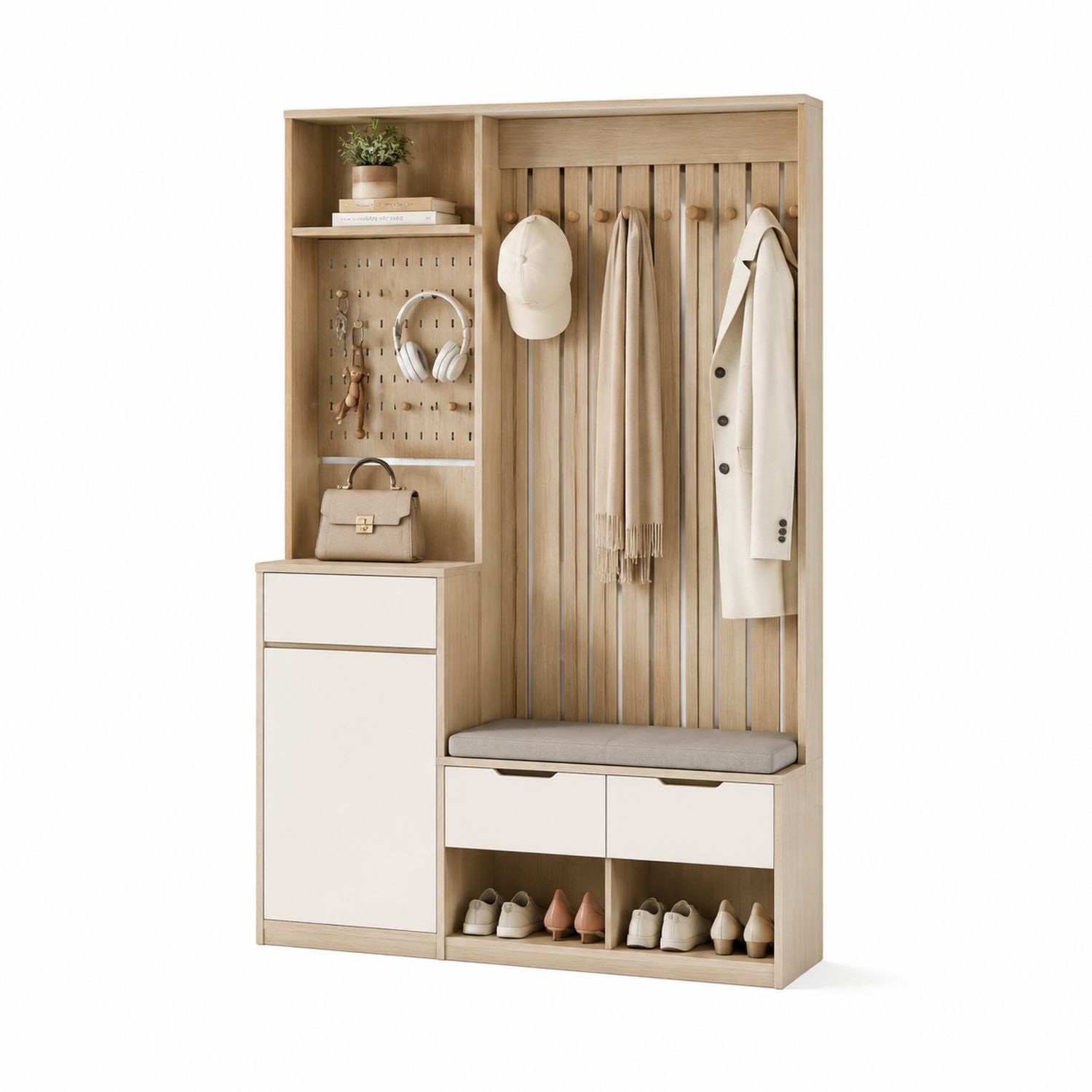 Perchero y Banco para Entrada de Madera Contrachapada y Tela 180x100x35 cm-Omnilevar