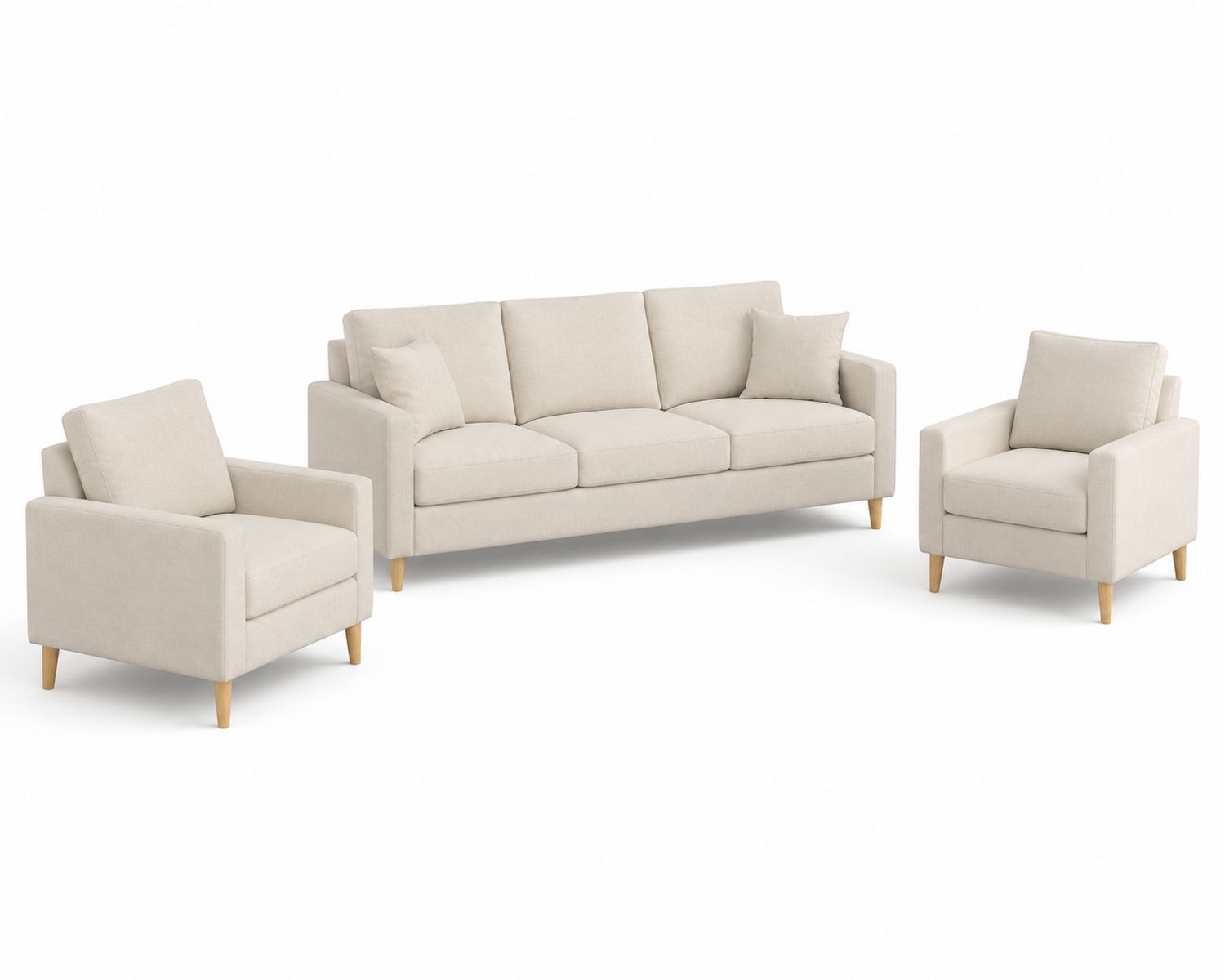 Conjunto de Sofá de 3 Plazas y 2 Butacas en Tela Beige-Omnilevar