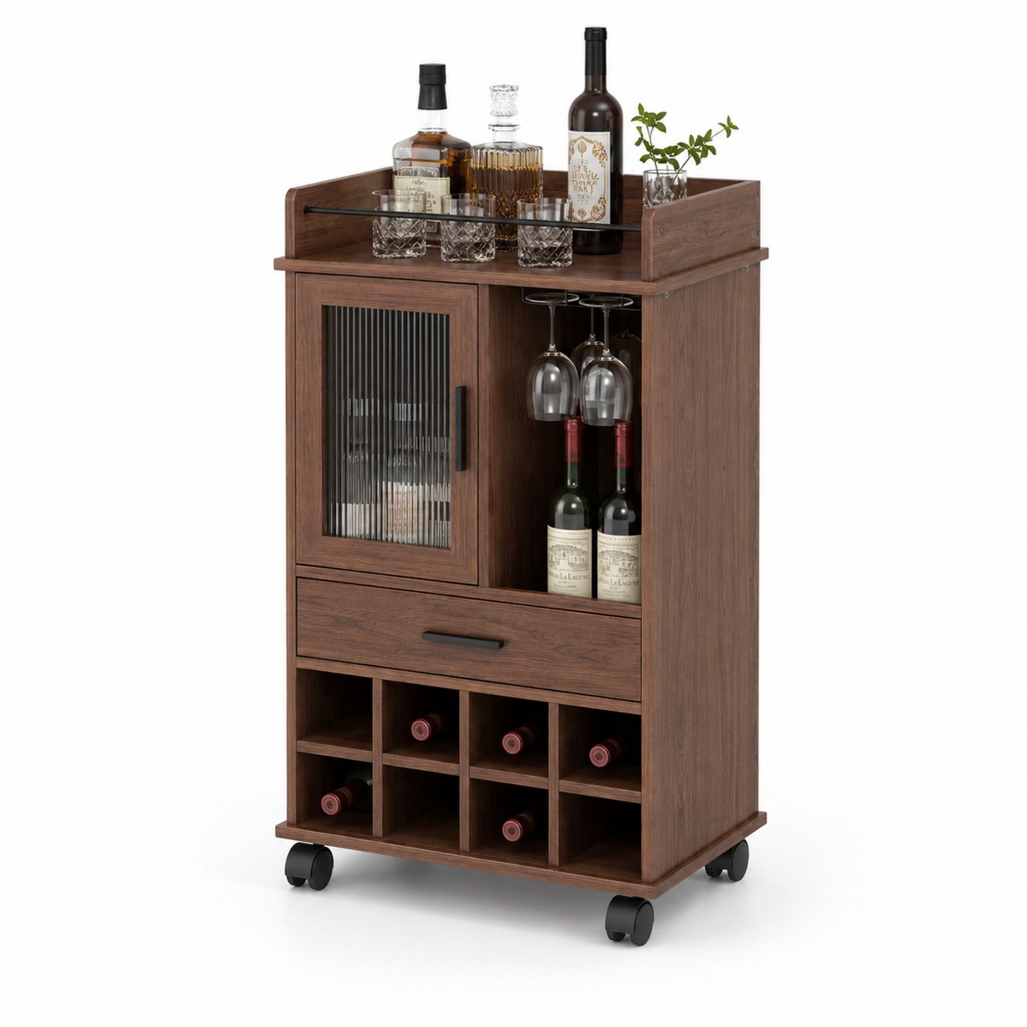 Carrito de bar de madera con almacenamiento para botellas y copas-Omnilevar